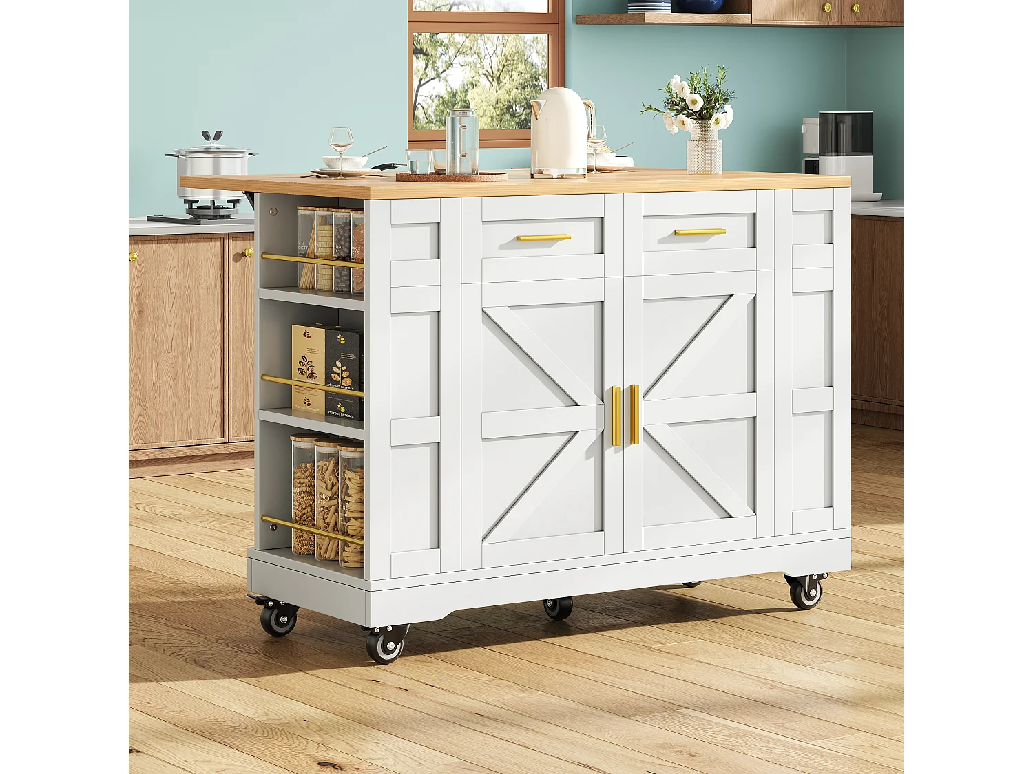 Îlot de cuisine 120x65x90 cm, plateau rabattable, 2 tiroirs et rangements, MDF blanc