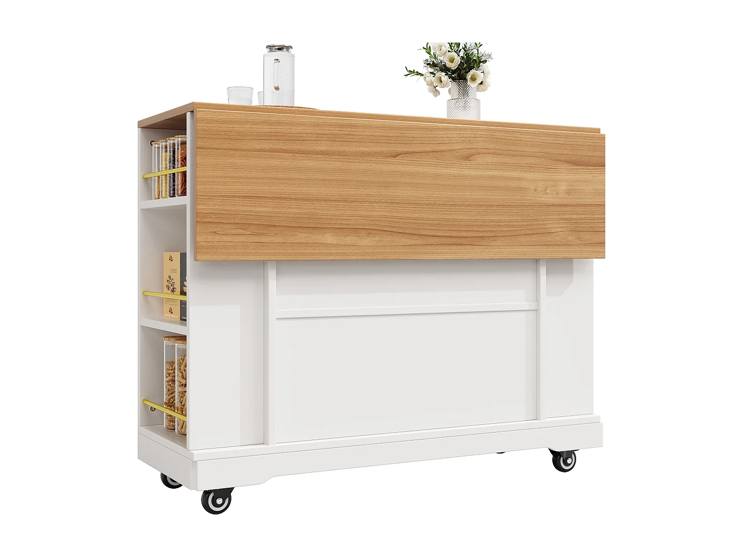 Îlot de cuisine 120x65x90 cm, plateau rabattable, 2 tiroirs et rangements, MDF blanc