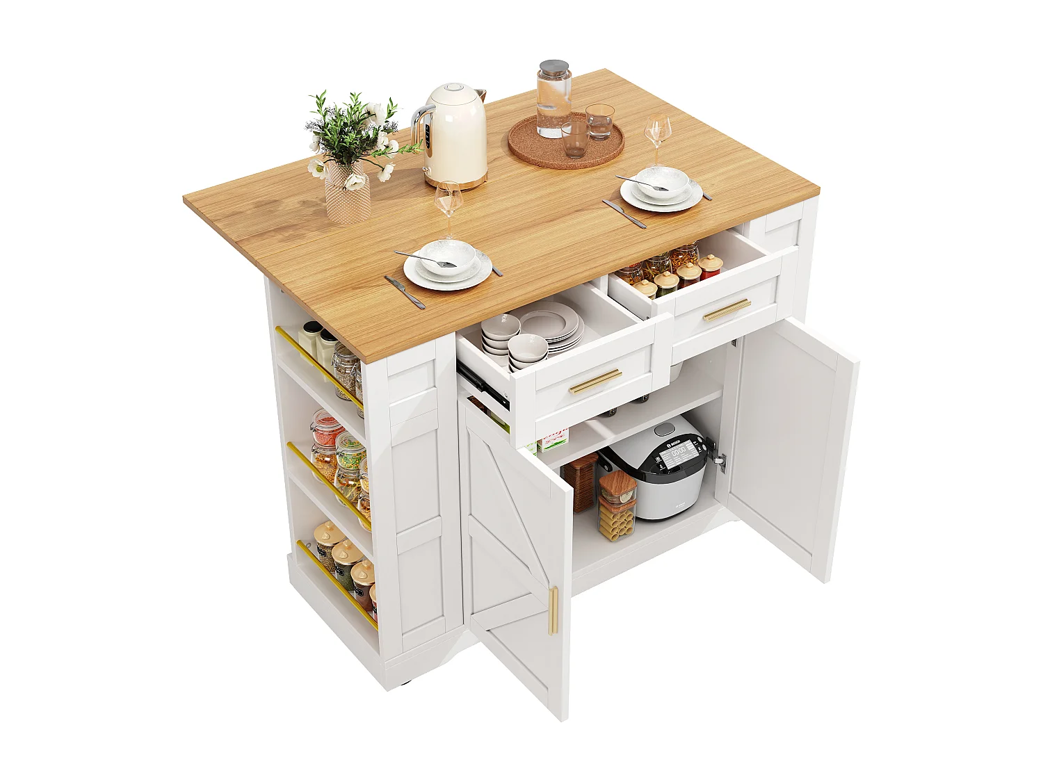 Îlot de cuisine 120x65x90 cm, plateau rabattable, 2 tiroirs et rangements, MDF blanc