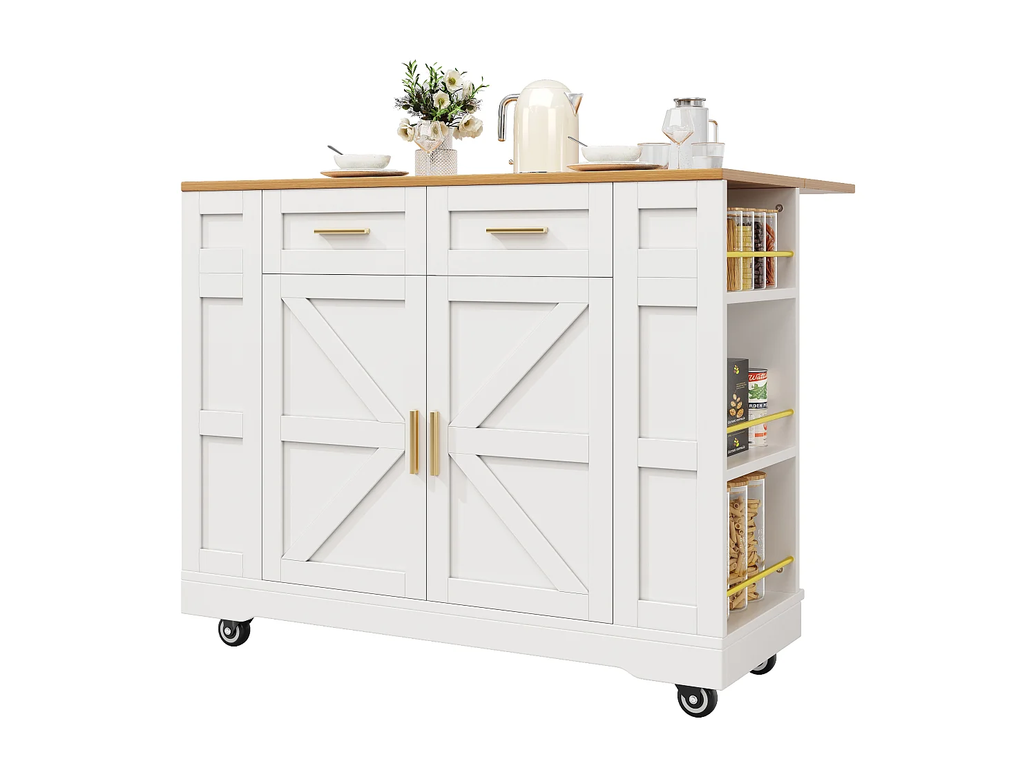 Îlot de cuisine 120x65x90 cm, plateau rabattable, 2 tiroirs et rangements, MDF blanc