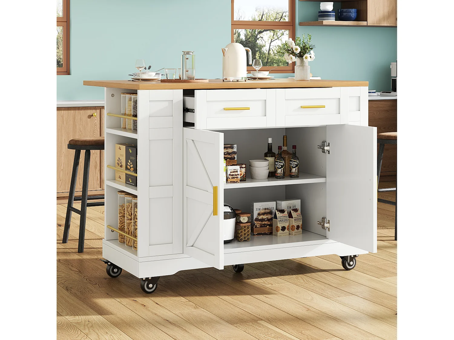 Îlot de cuisine 120x65x90 cm, plateau rabattable, 2 tiroirs et rangements, MDF blanc