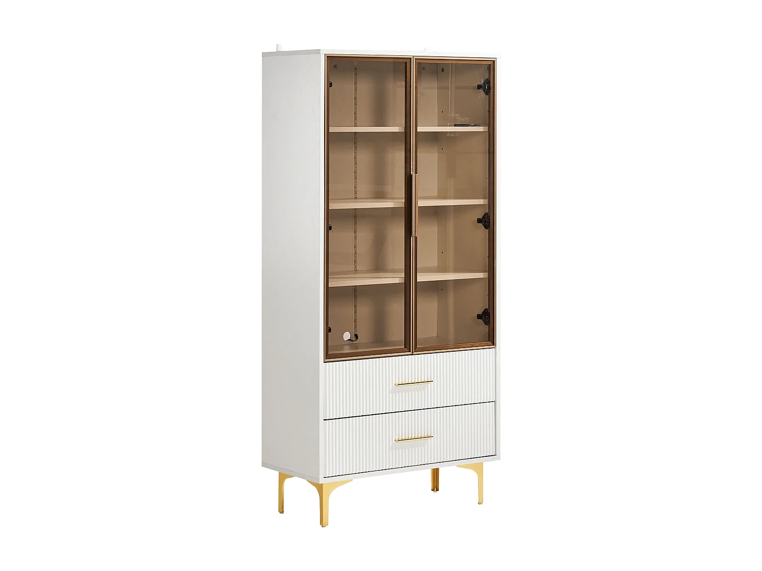 Vitrine 70x35x150 cm, 2 portes en verre teinté, étagères réglables, LED, panneau de particules blanc