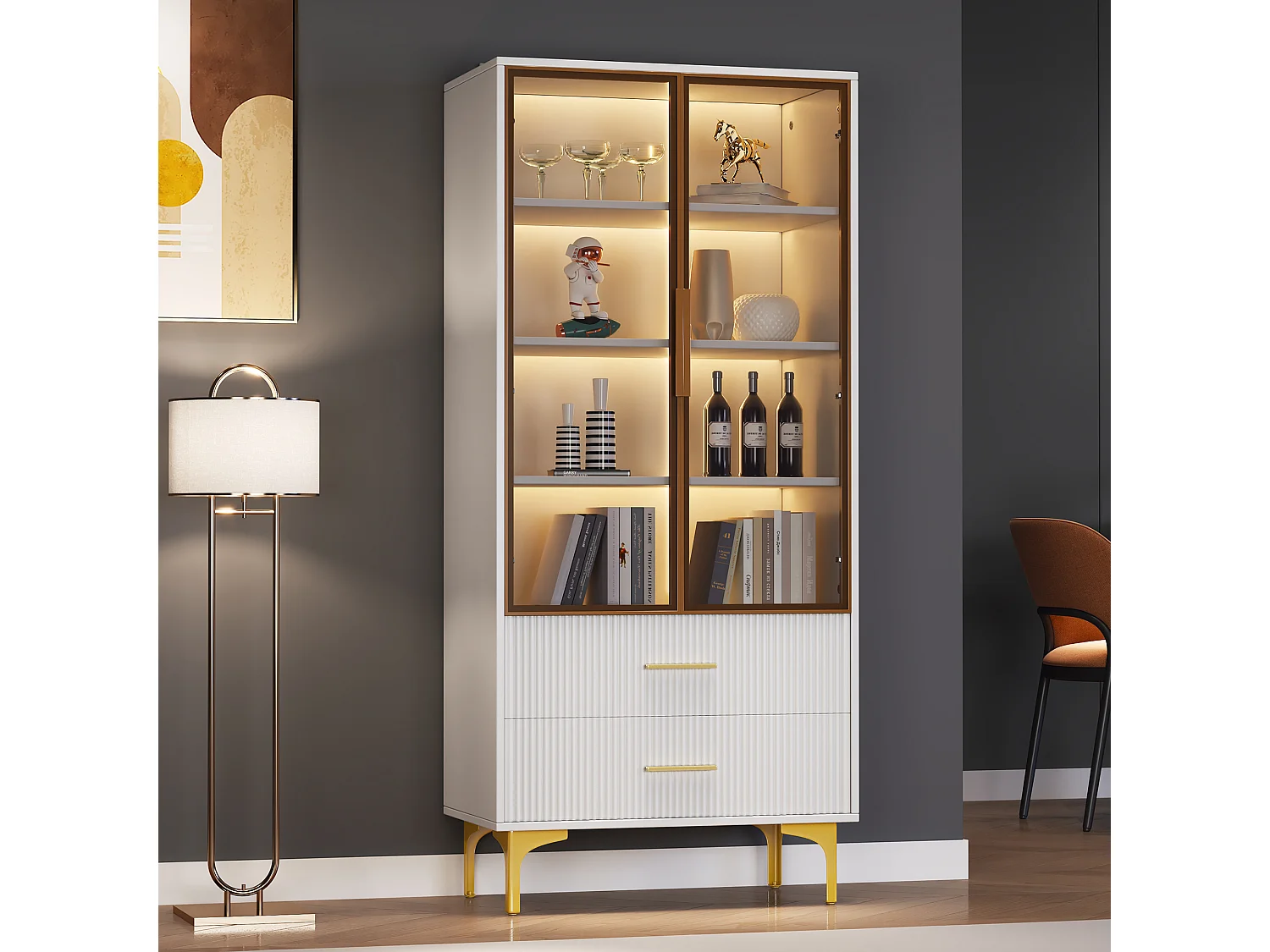 Vitrine 70x35x150 cm, 2 portes en verre teinté, étagères réglables, LED, panneau de particules blanc