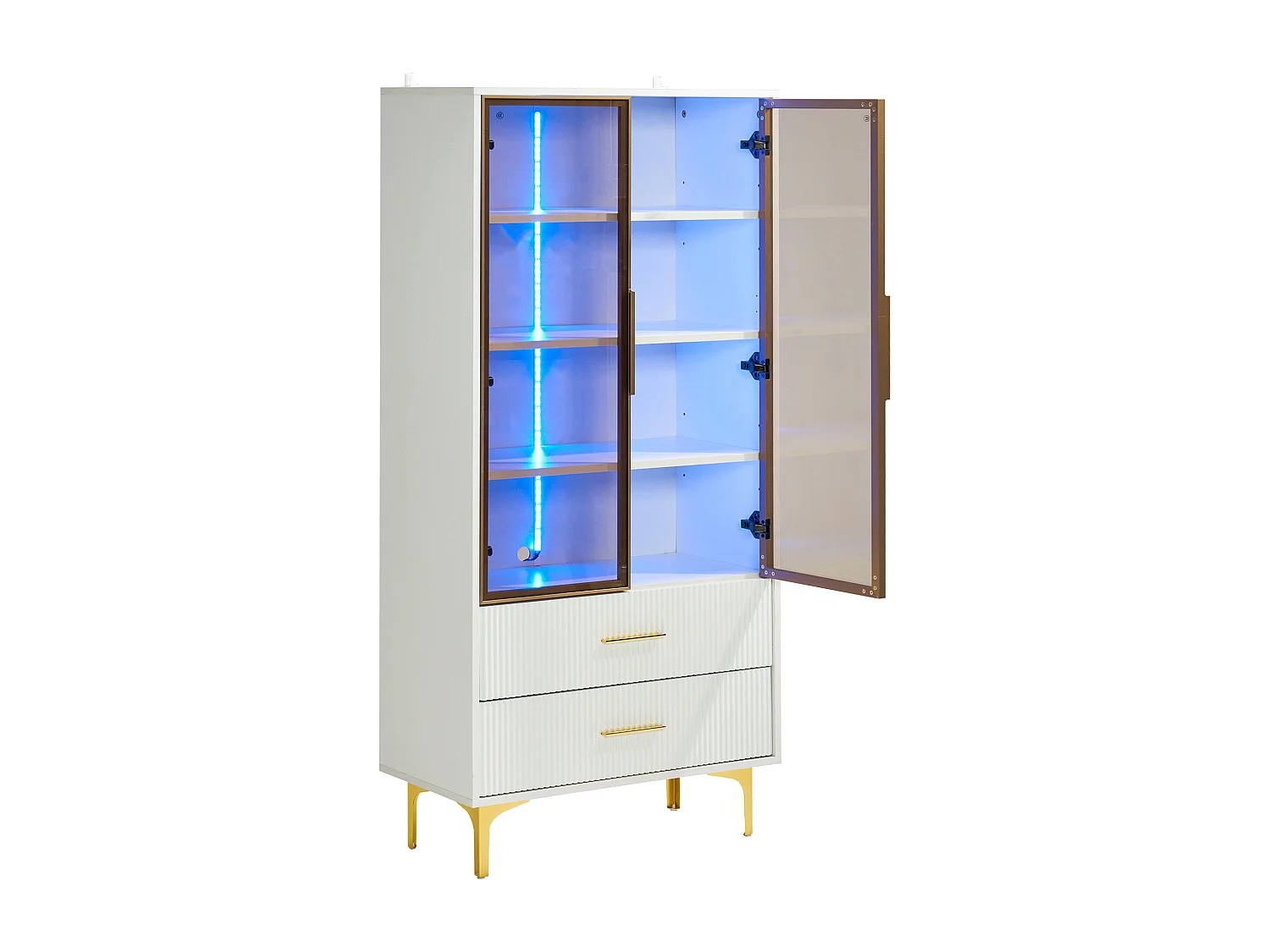 Vitrine 70x35x150 cm, 2 portes en verre teinté, étagères réglables, LED, panneau de particules blanc