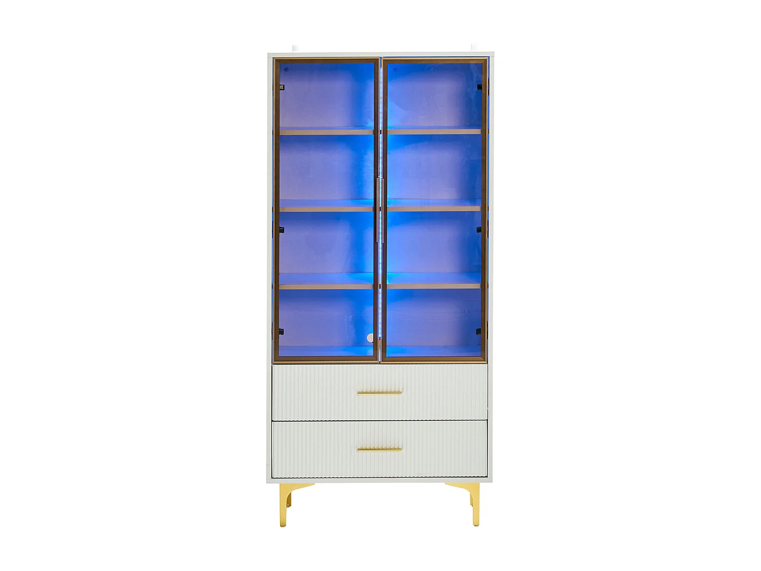 Vitrine 70x35x150 cm, 2 portes en verre teinté, étagères réglables, LED, panneau de particules blanc