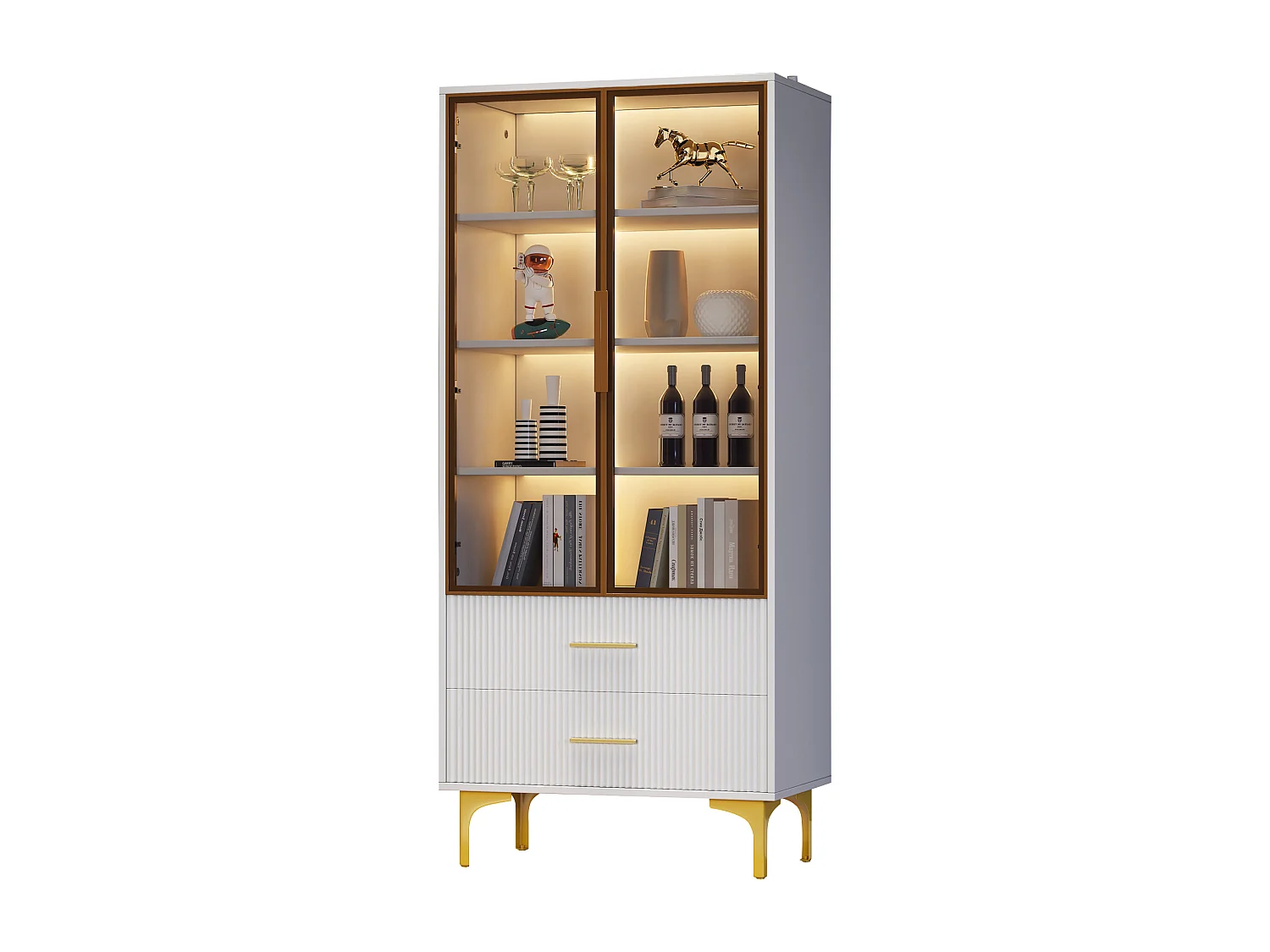 Vitrine 70x35x150 cm, 2 portes en verre teinté, étagères réglables, LED, panneau de particules blanc