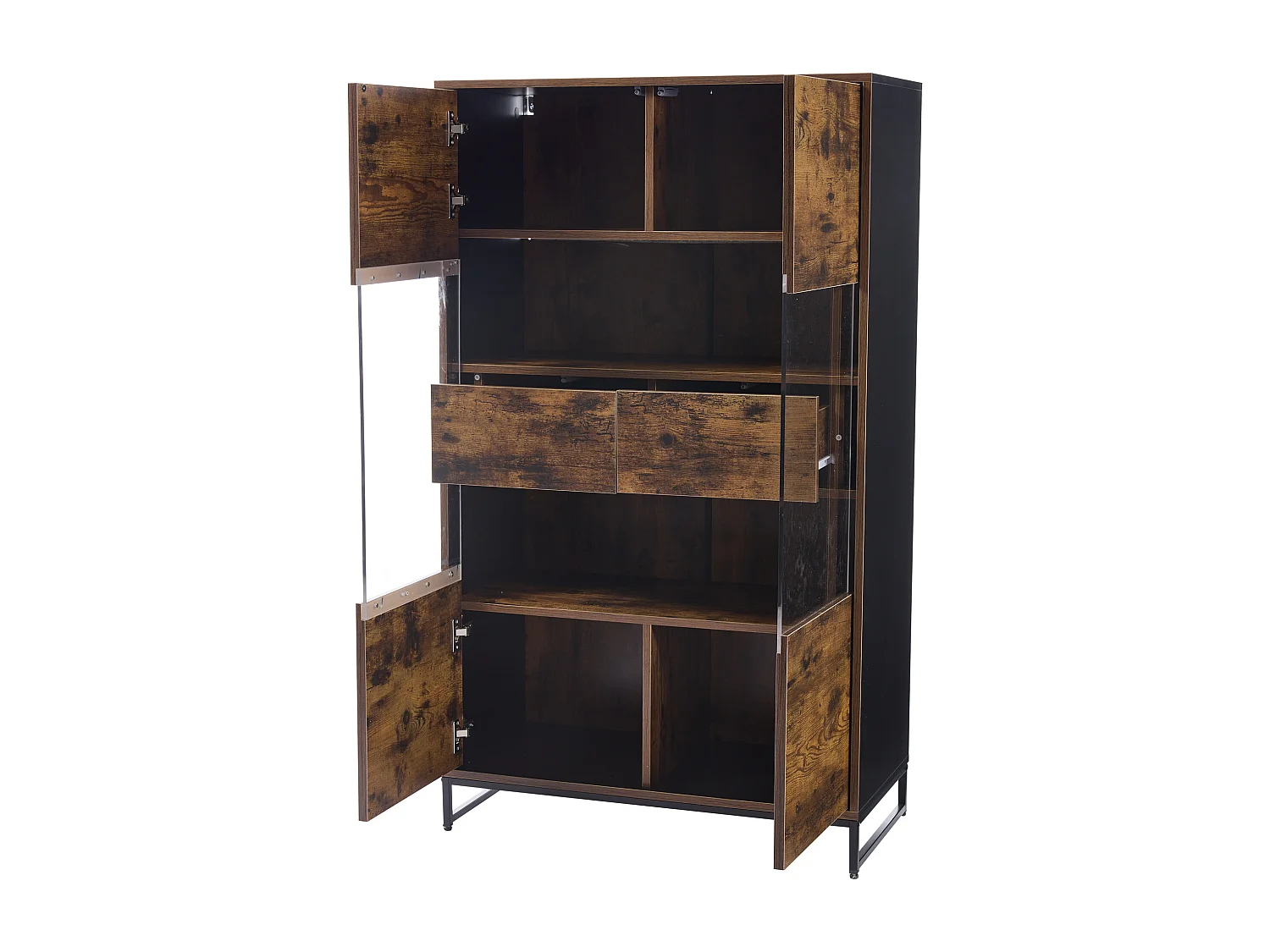 Vitrine 80x40x138 cm, LED avec contrôle par application, 2 tiroirs, portes en acrylique, MDF noir et effet bois