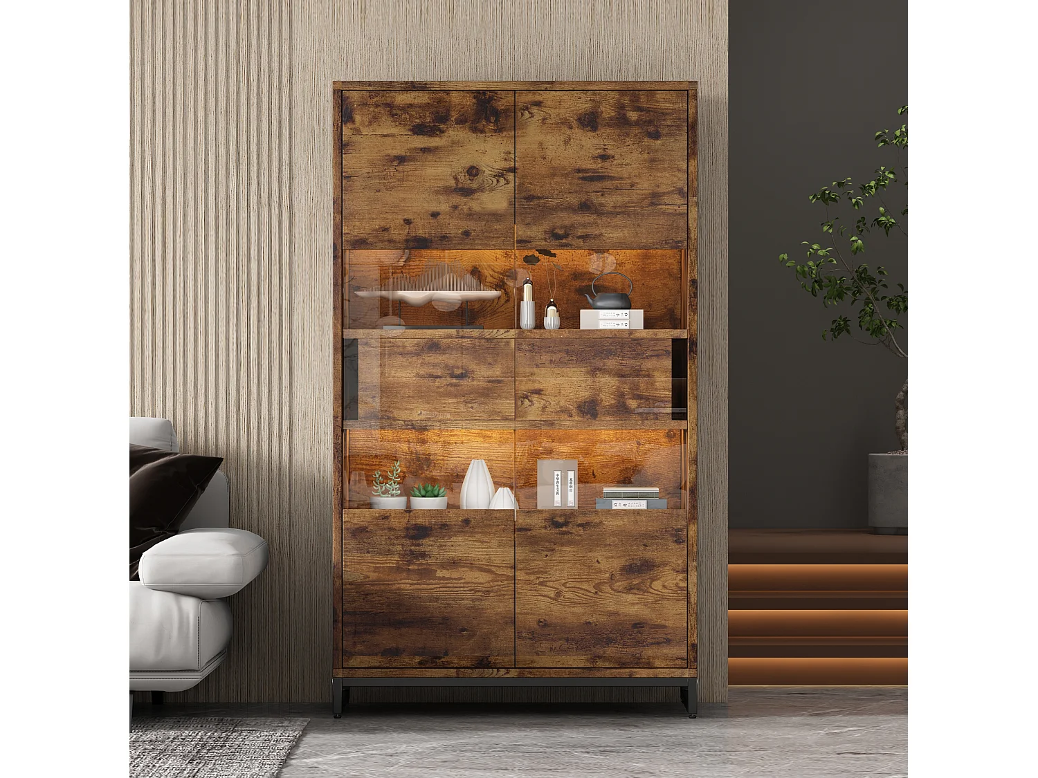 Vitrine 80x40x138 cm, LED avec contrôle par application, 2 tiroirs, portes en acrylique, MDF noir et effet bois