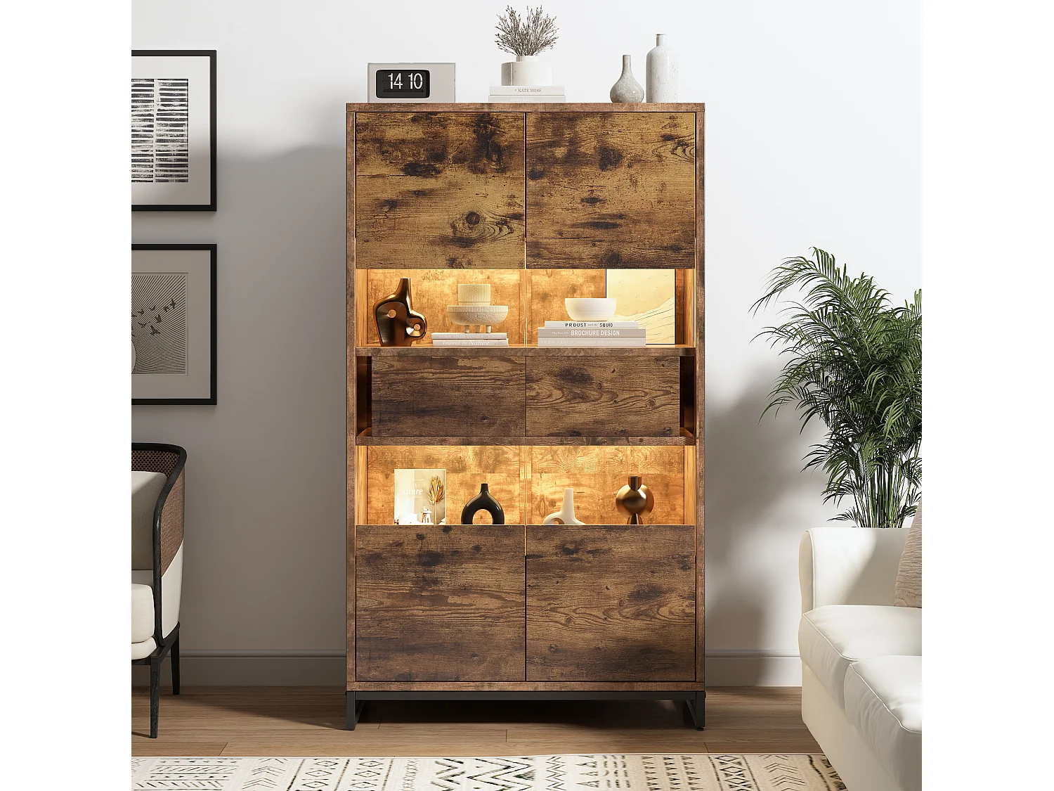 Vitrine 80x40x138 cm, LED avec contrôle par application, 2 tiroirs, portes en acrylique, MDF noir et effet bois