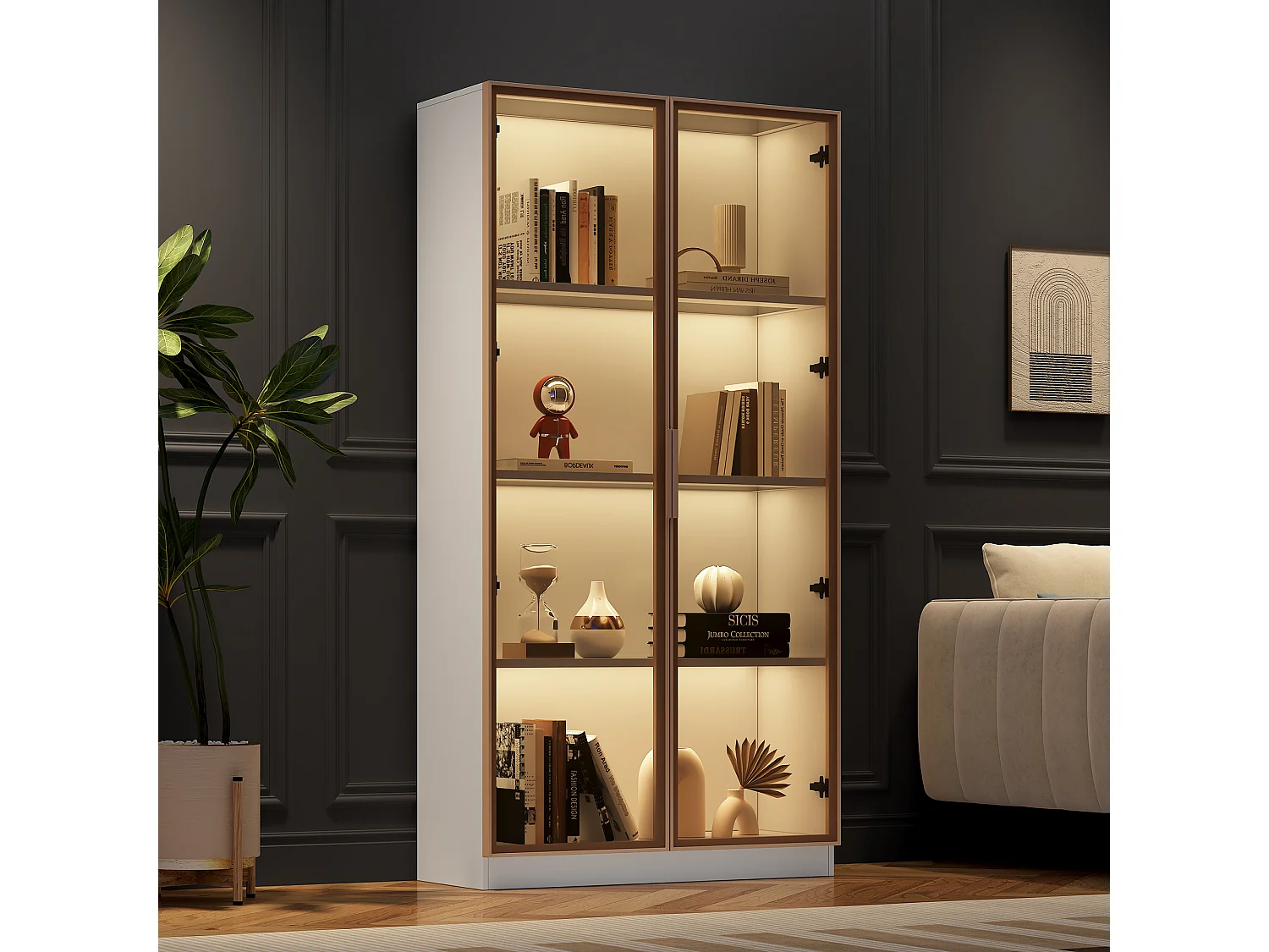 Vitrine 80x40x160 cm, éclairage LED, étagères réglables, gestion des câbles, panneaux de particules blanc