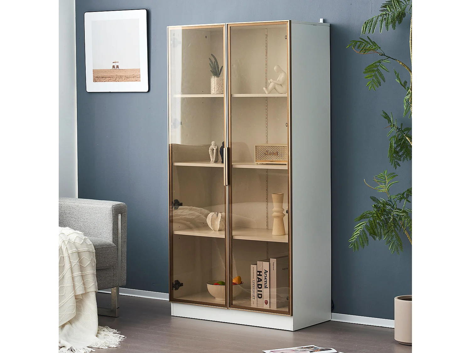 Vitrine 80x40x160 cm, éclairage LED, étagères réglables, gestion des câbles, panneaux de particules blanc