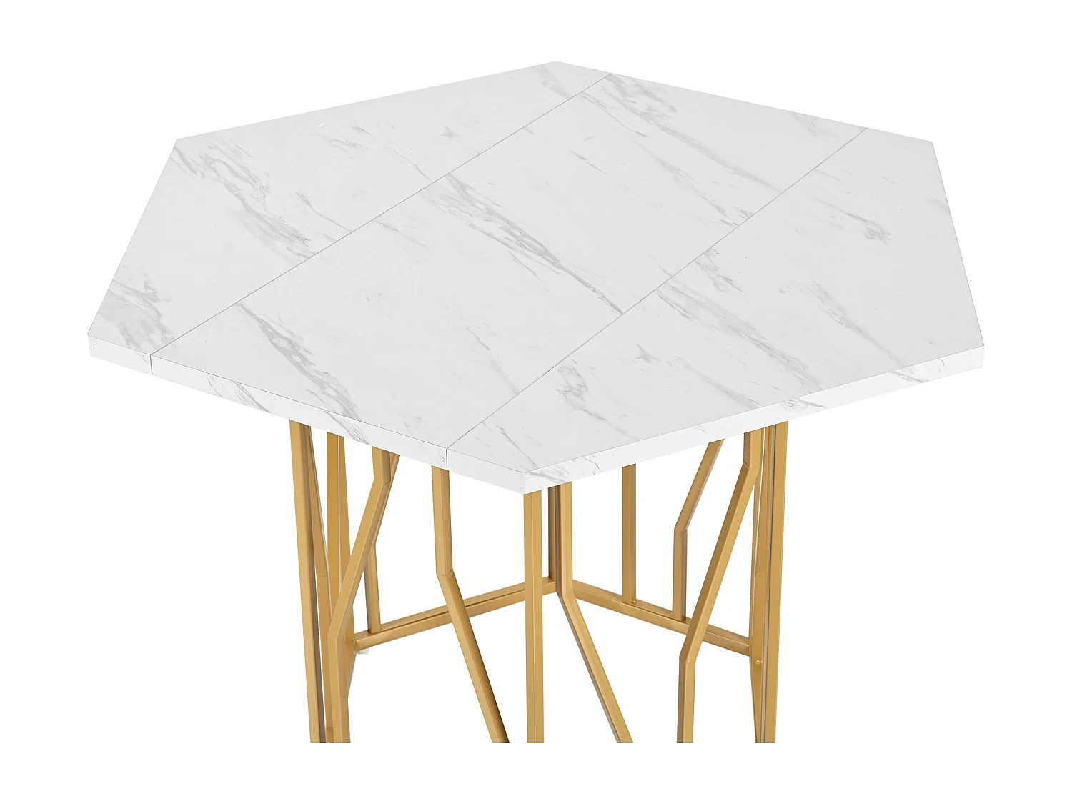 Table à manger 115.5x100x75 cm, design hexagonal, motif marbre, piètement métallique géométrique, MDF blanc et doré