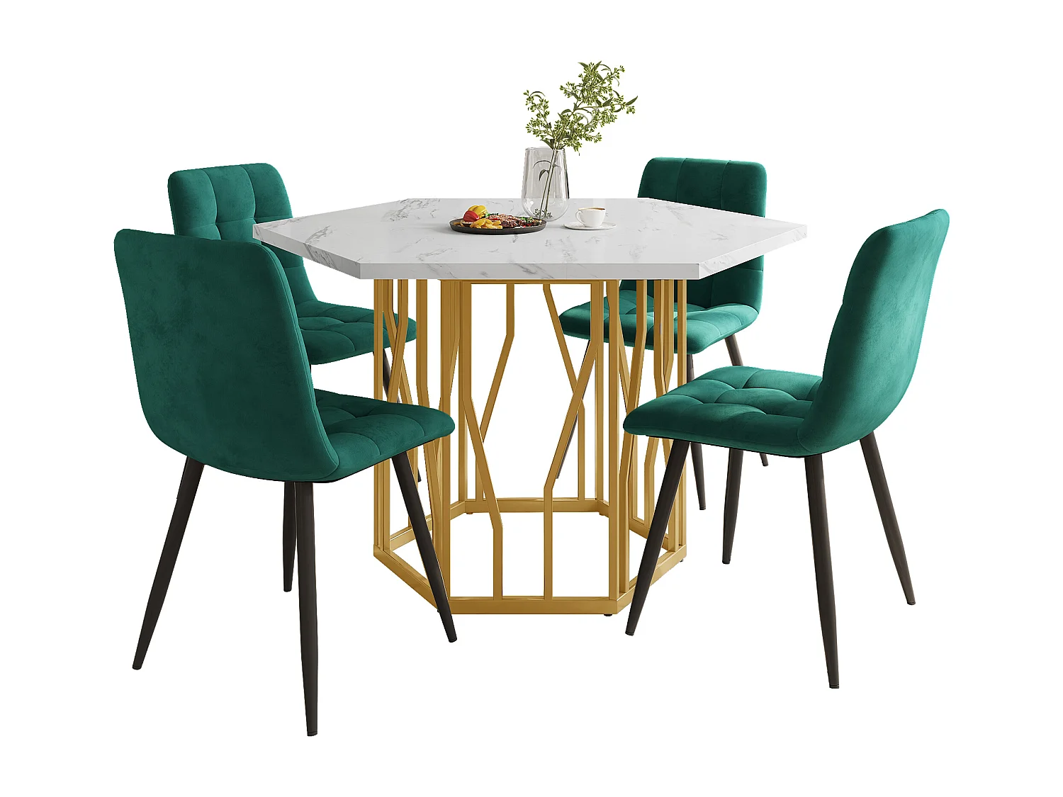 Table à manger 115.5x100x75 cm, design hexagonal, motif marbre, piètement métallique géométrique, MDF blanc et doré