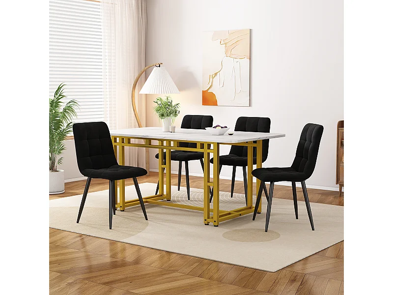 Ensemble table rectangulaire 120x70 cm et 4 chaises velours noir - pieds de table en métal doré - plateau en MDF blanc
