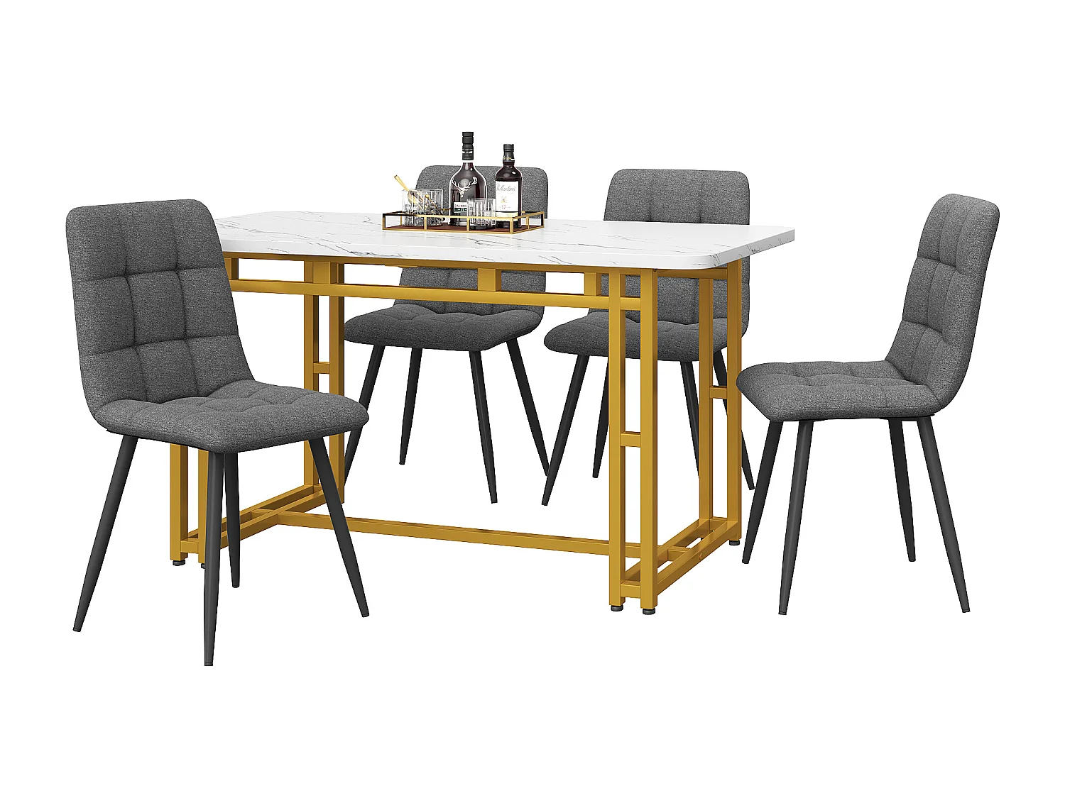 Ensemble table rectangulaire 120x70 cm et 4 chaises lin gris foncé - pieds de table en métal doré - plateau en MDF blanc