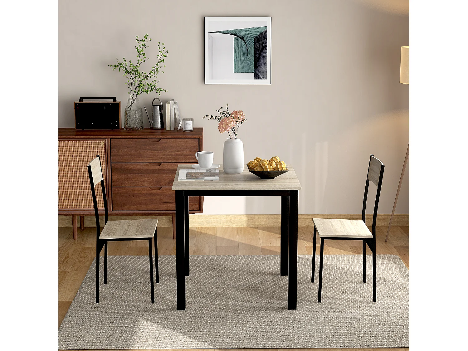 Ensemble table et 2 chaises 70x70x75 cm, gain de place, design minimaliste, métal, naturel