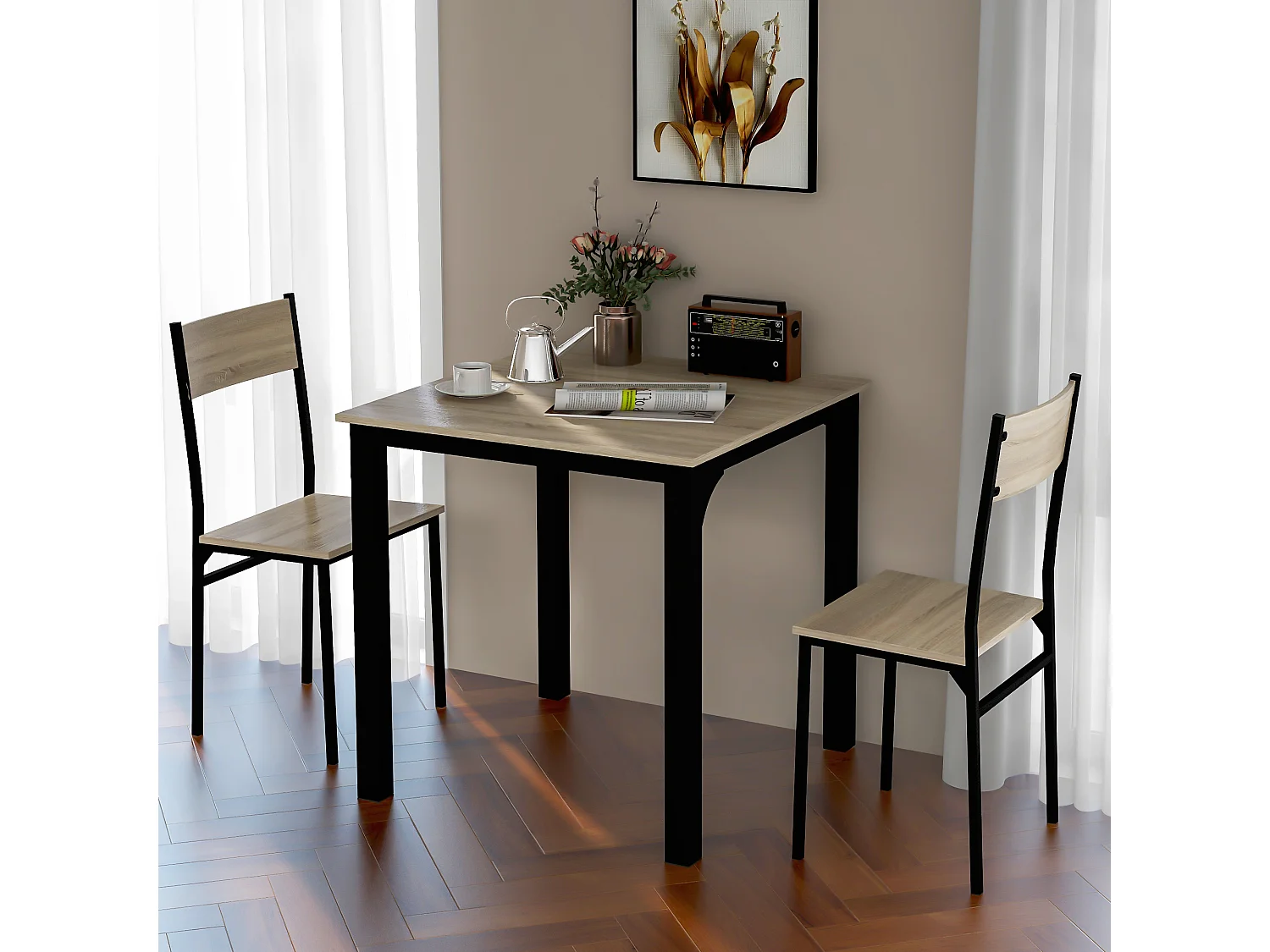 Ensemble table et 2 chaises 70x70x75 cm, gain de place, design minimaliste, métal, naturel