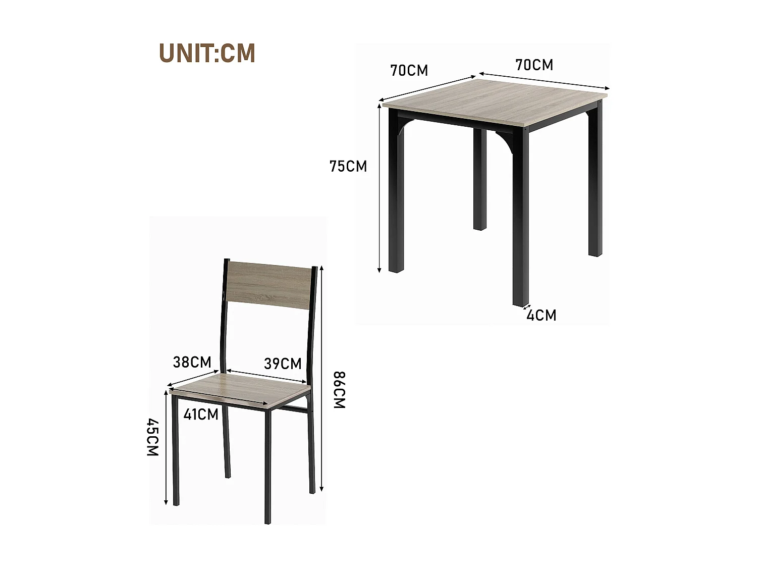 Ensemble table et 2 chaises 70x70x75 cm, gain de place, design minimaliste, métal, naturel