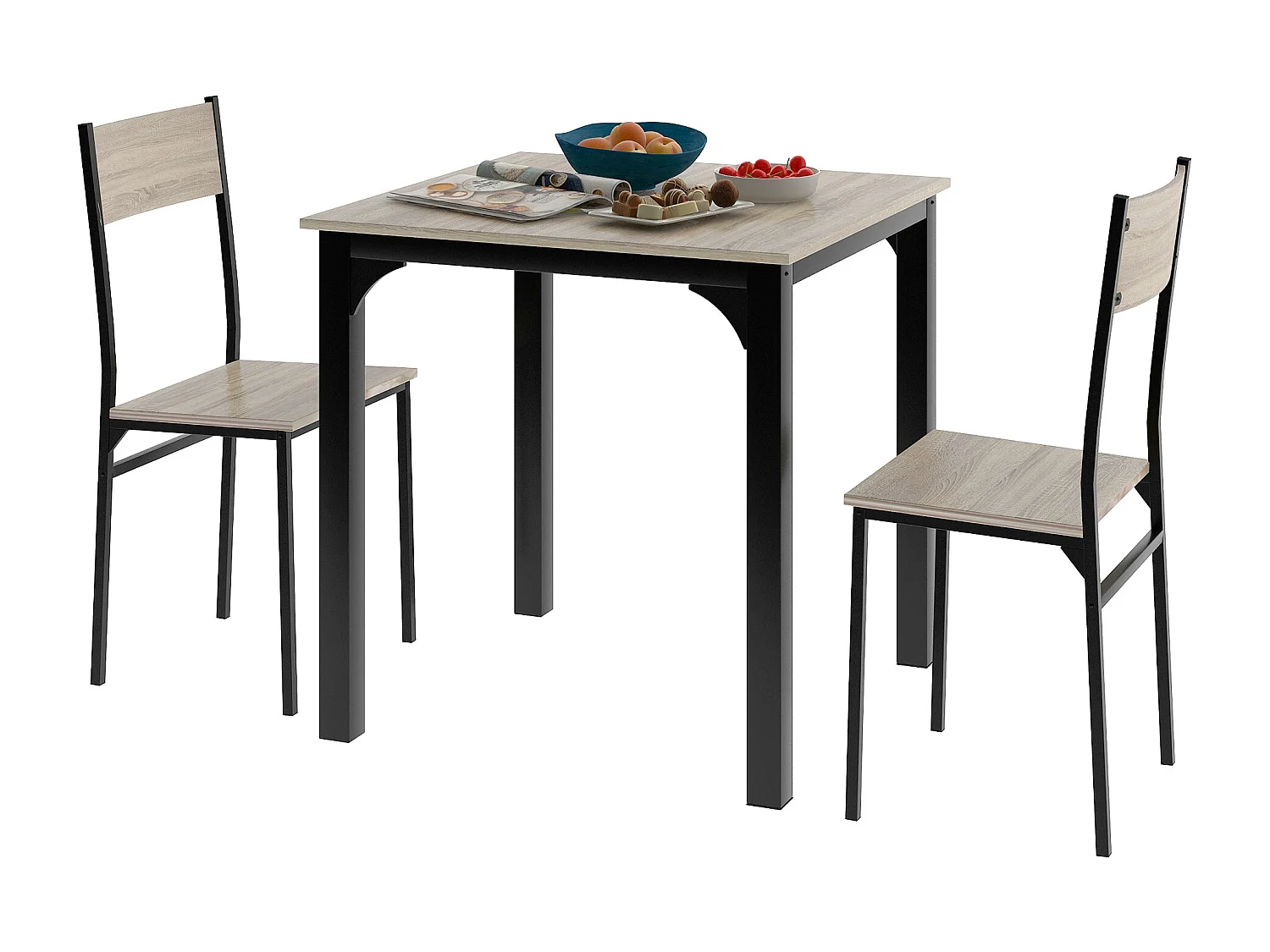 Ensemble table et 2 chaises 70x70x75 cm, gain de place, design minimaliste, métal, naturel