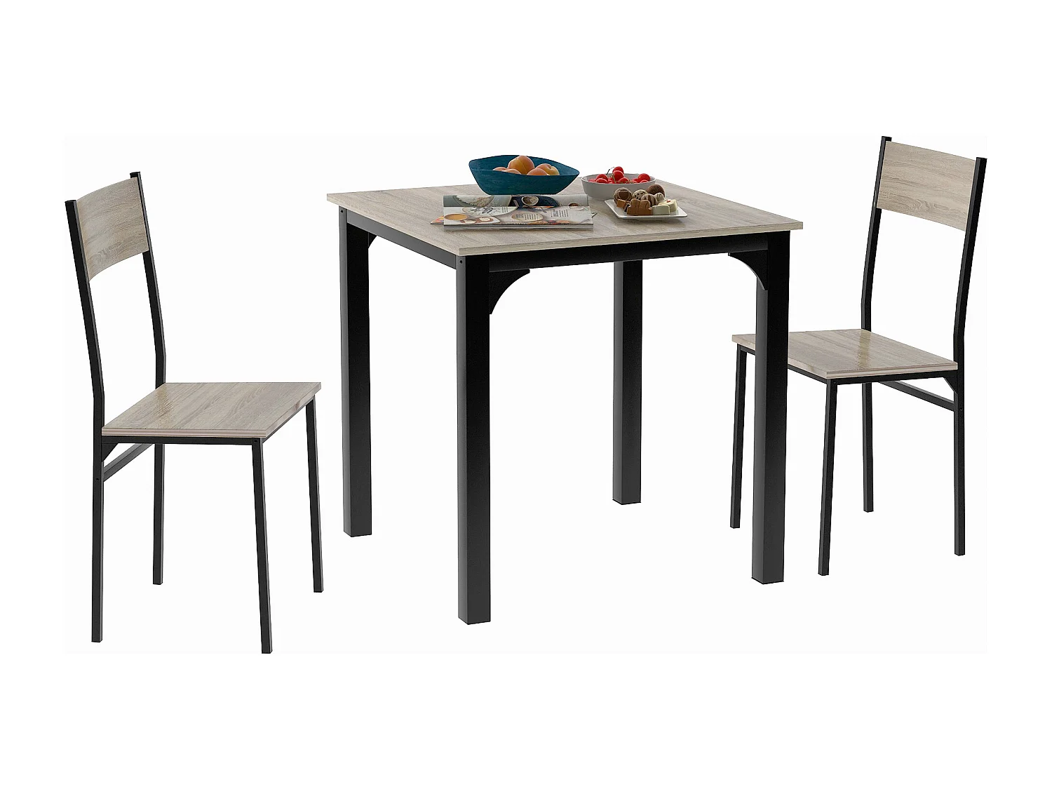 Ensemble table et 2 chaises 70x70x75 cm, gain de place, design minimaliste, métal, naturel