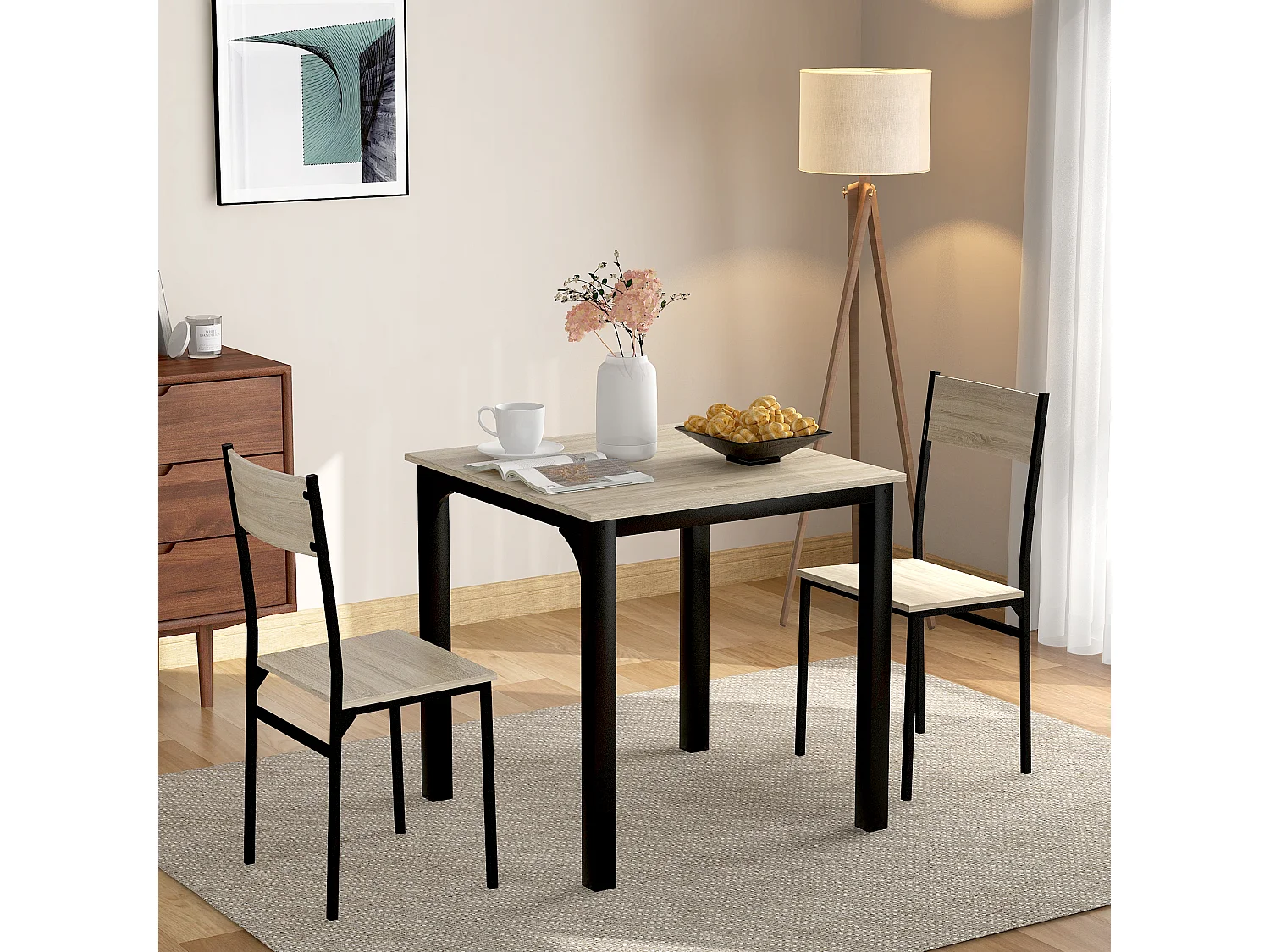 Ensemble table et 2 chaises 70x70x75 cm, gain de place, design minimaliste, métal, naturel