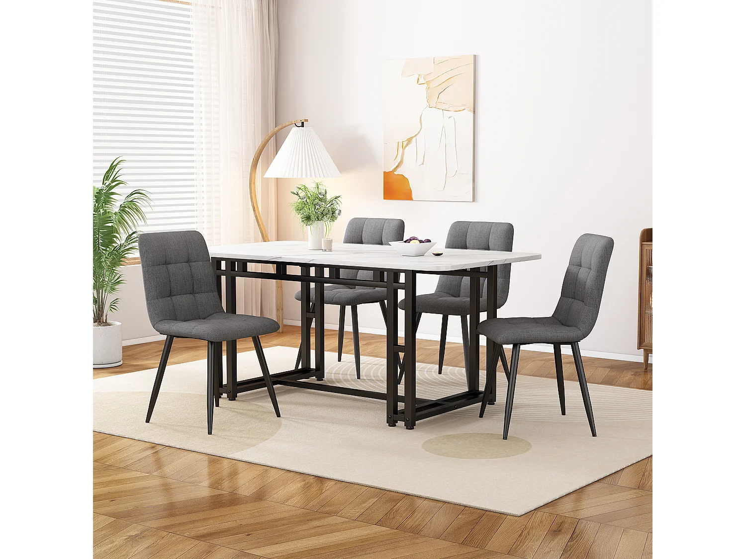 Ensemble table à manger avec 4 chaises, style moderne, usage salle à manger et salon, MDF, lin gris