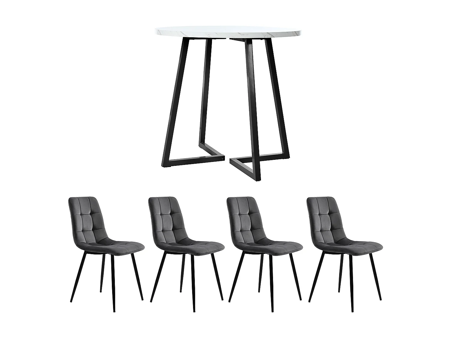 Ensemble table a manger ronde 80x80x75 cm + 4 chaises en velours gris foncé - pieds en métal noir