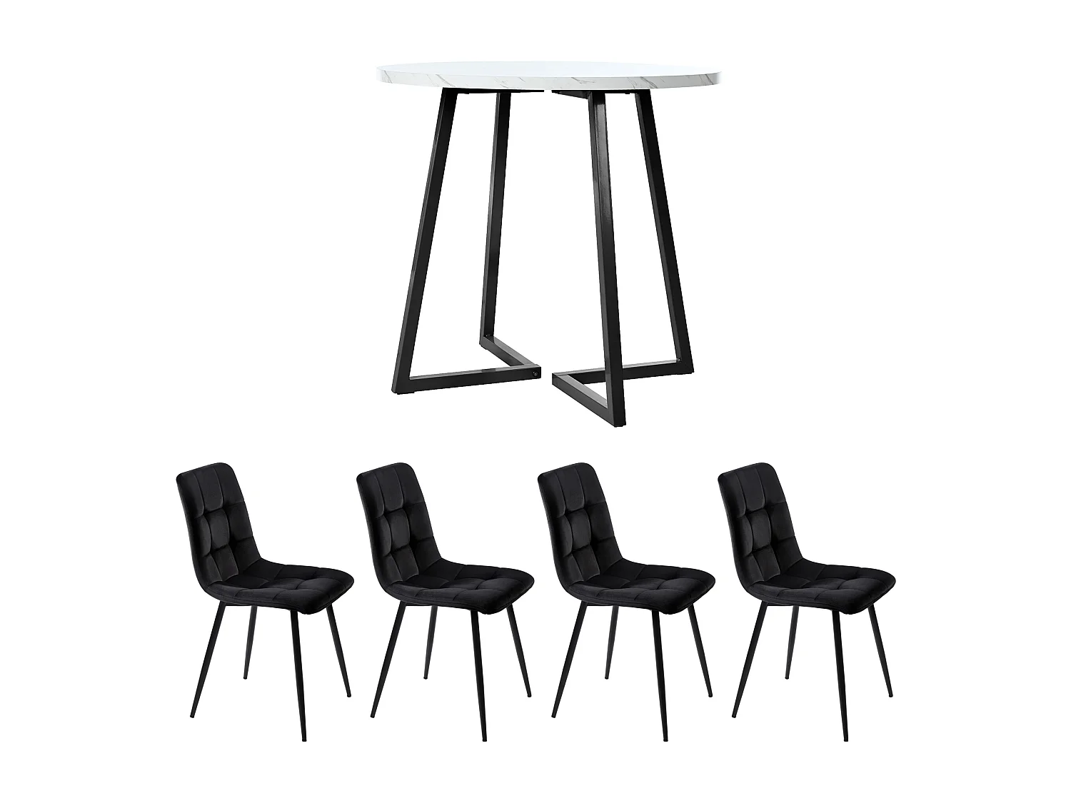 Ensemble table a manger ronde 80x80x75 cm + 4 chaises en velours noir - pieds en métal noir