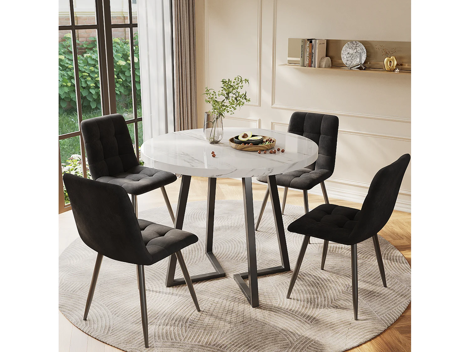 Ensemble table à manger 80x80x75 cm, rond avec 4 chaises, plateau effet marbre, MDF et velours, multicolore