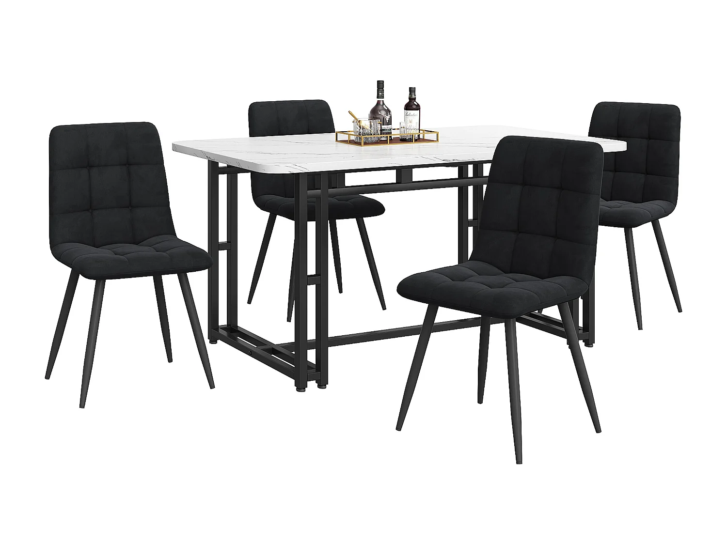 Ensemble table à manger avec 4 chaises, style moderne, assises en velours, plateau en MDF, noir