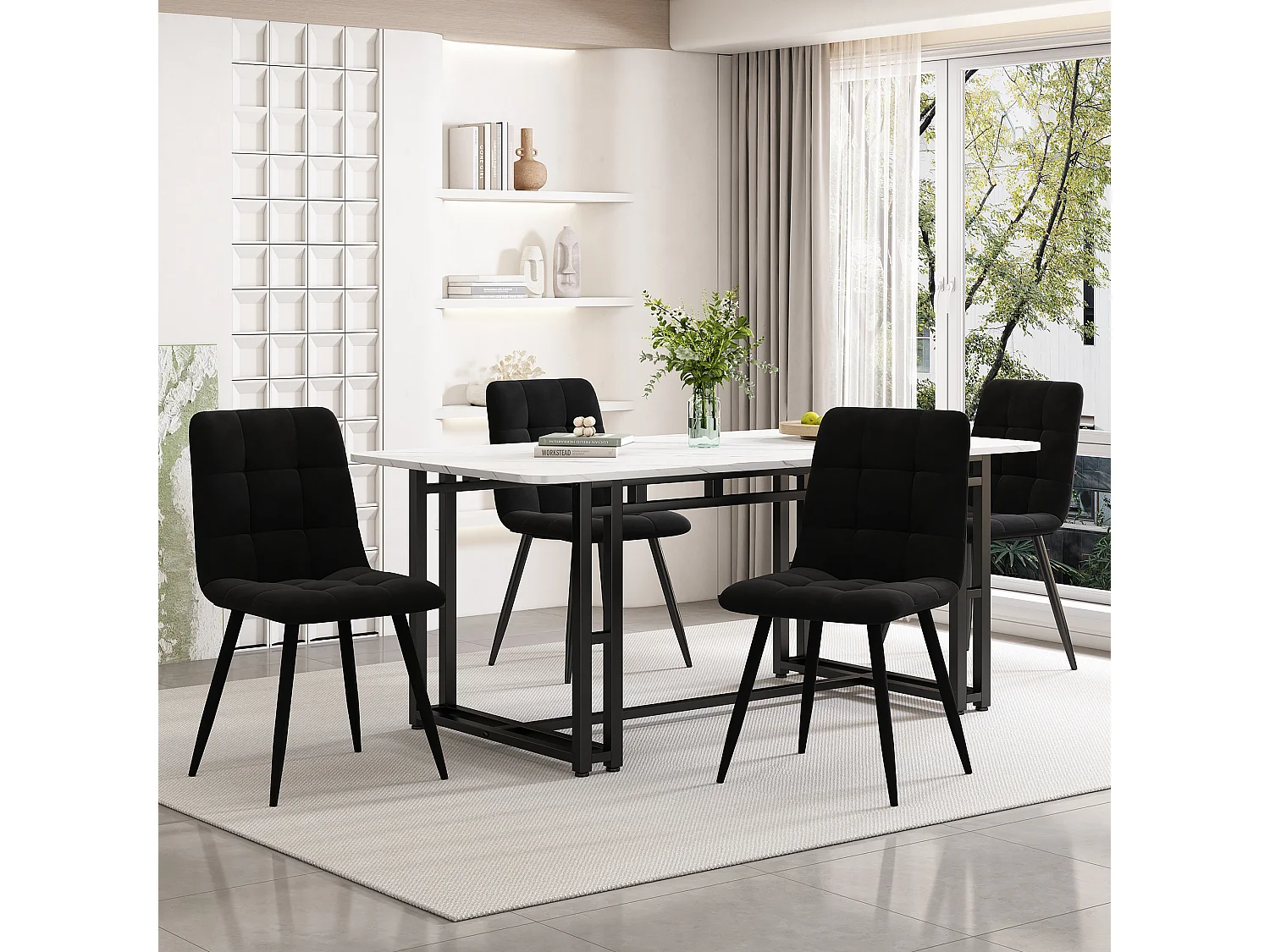 Ensemble table à manger avec 4 chaises, style moderne, assises en velours, plateau en MDF, noir