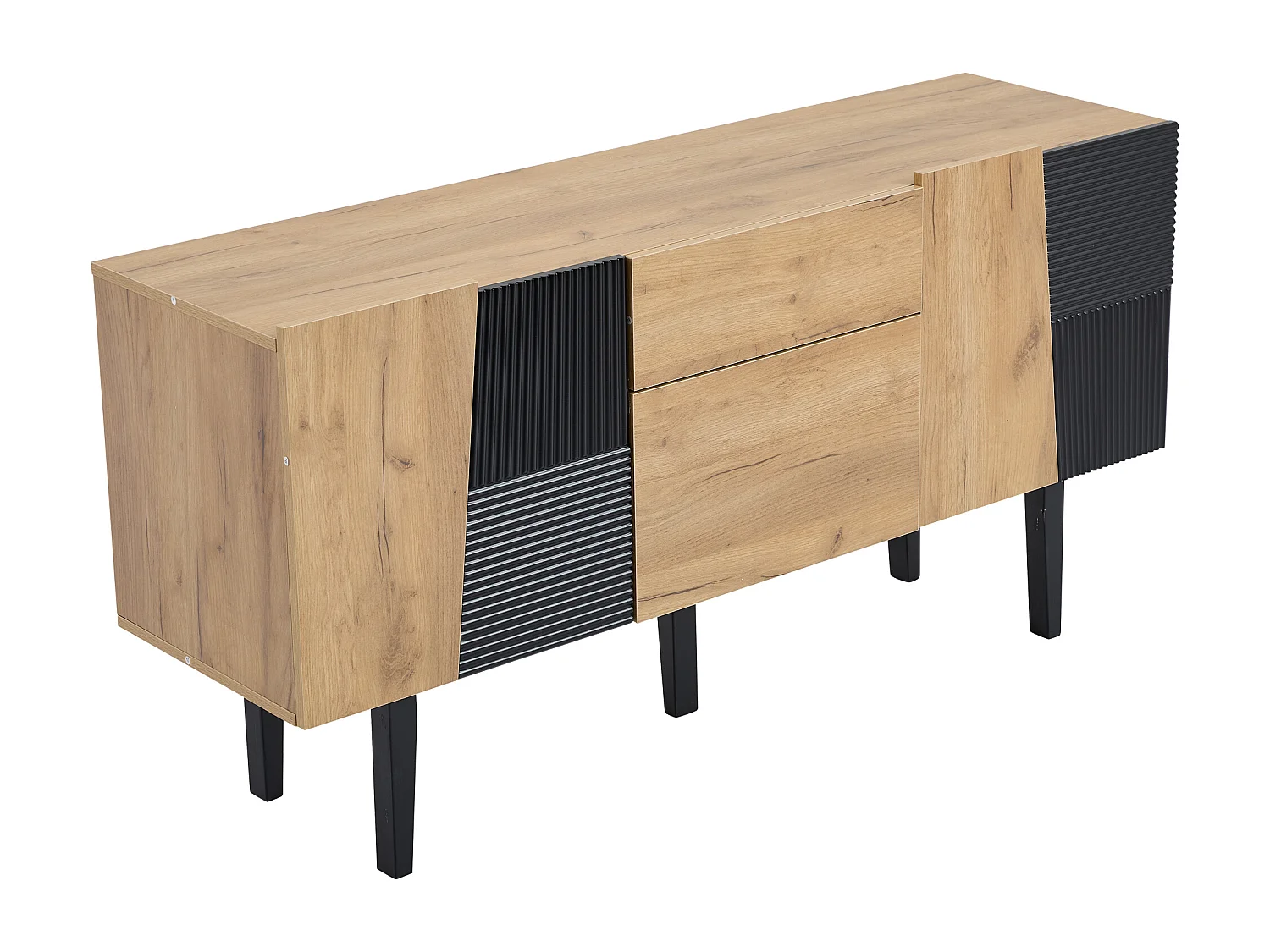 Buffet TV 140x40x70 cm, 2 tiroirs et 4 portes avec étagères réglables, panneaux de particules coloris chêne