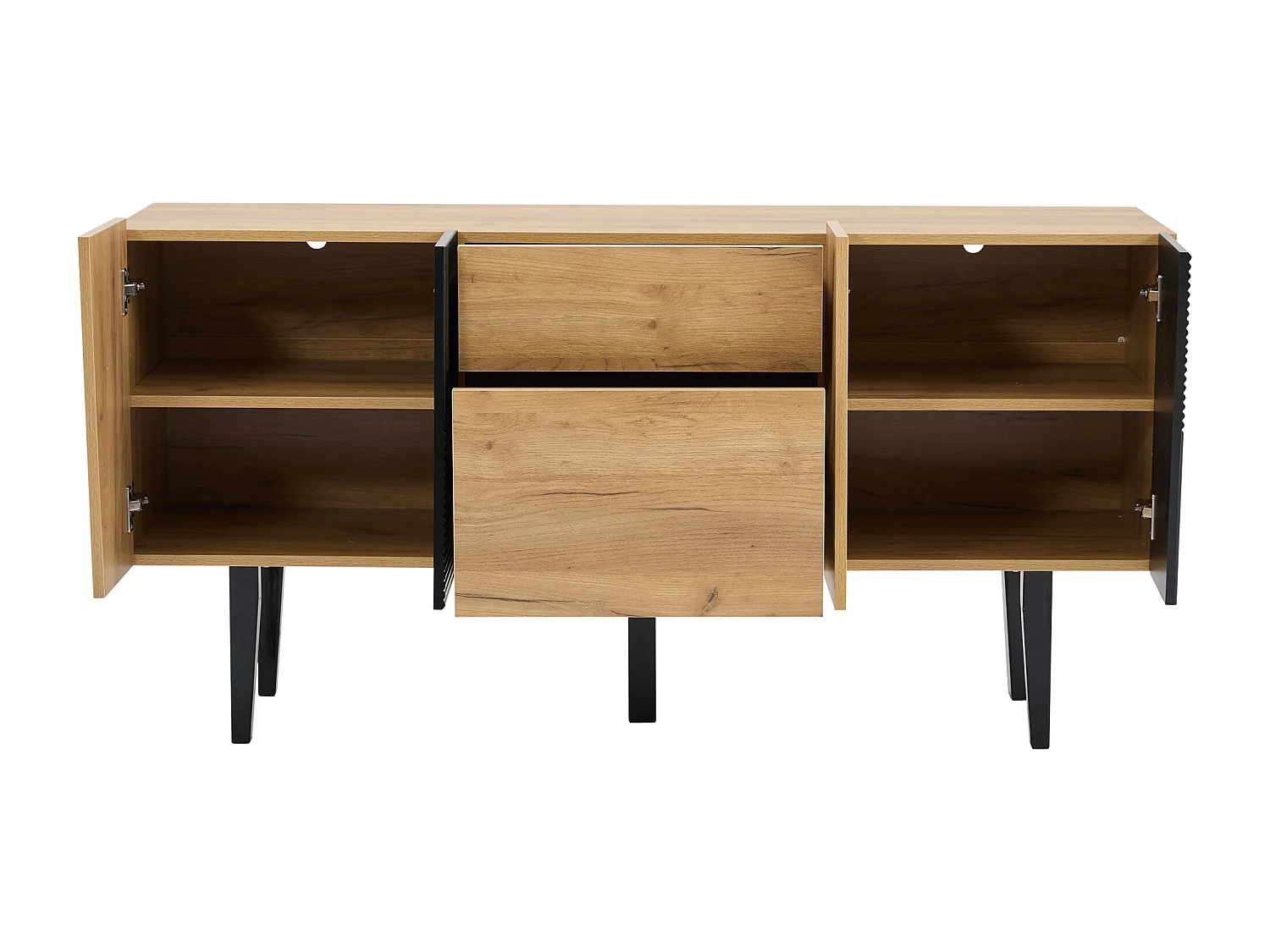 Buffet TV 140x40x70 cm, 2 tiroirs et 4 portes avec étagères réglables, panneaux de particules coloris chêne