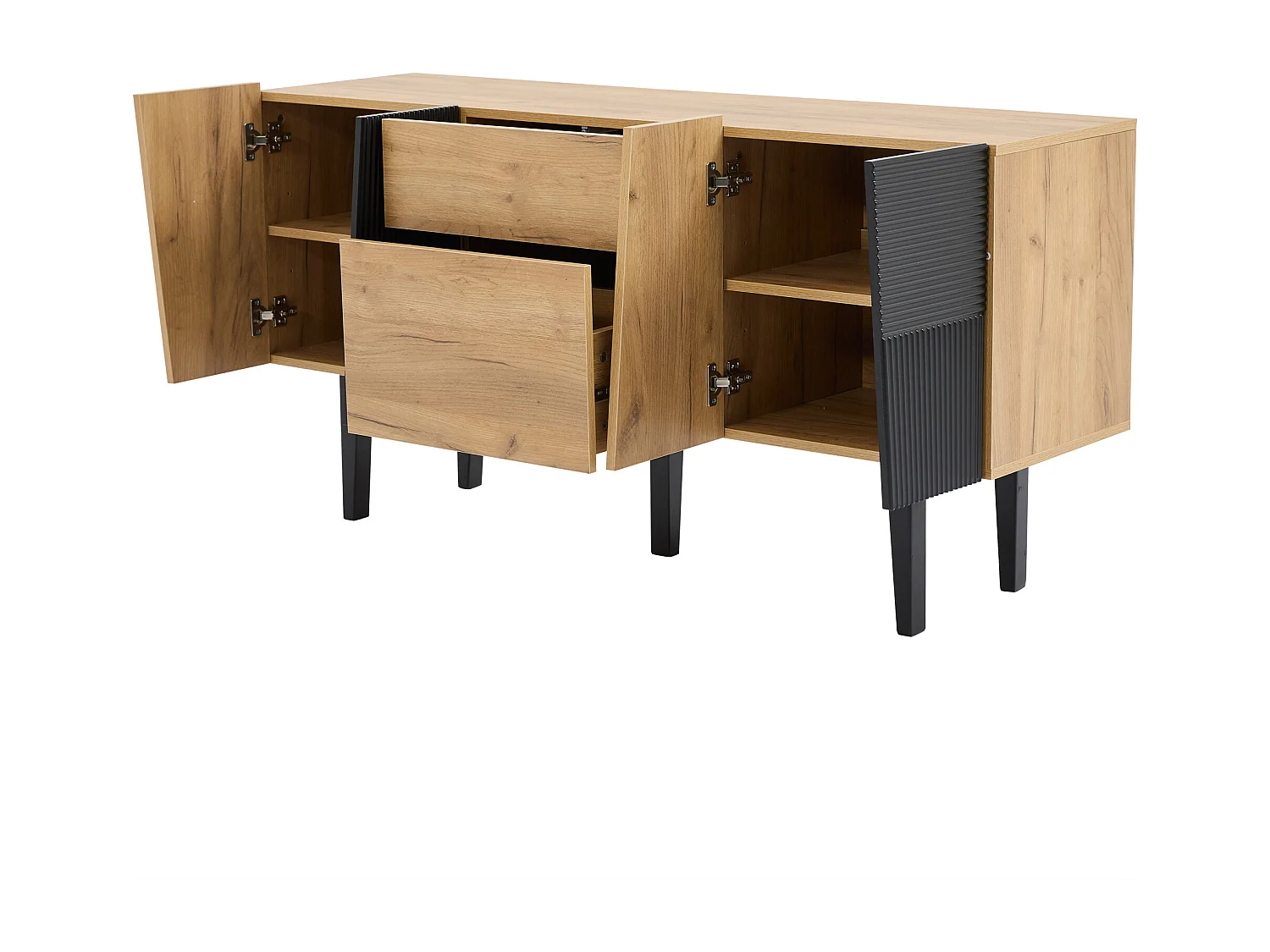 Buffet TV 140x40x70 cm, 2 tiroirs et 4 portes avec étagères réglables, panneaux de particules coloris chêne