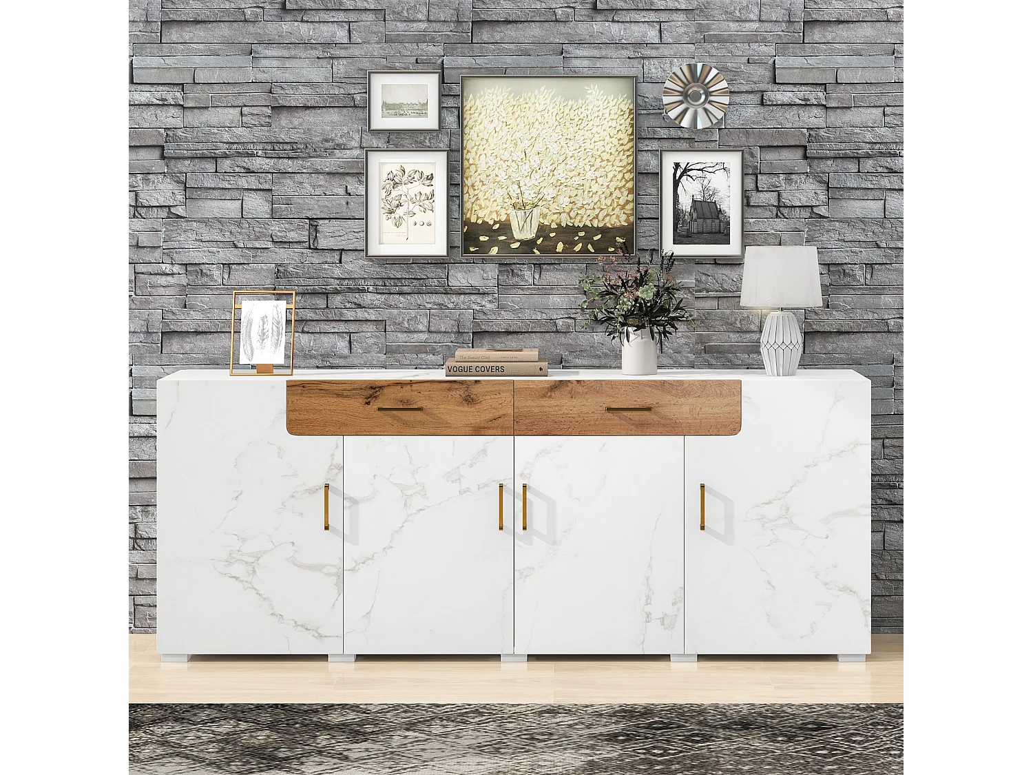 Buffet 208x39.5x80 cm avec 4 portes 2 tiroirs - meuble de rangement - bois - blanc