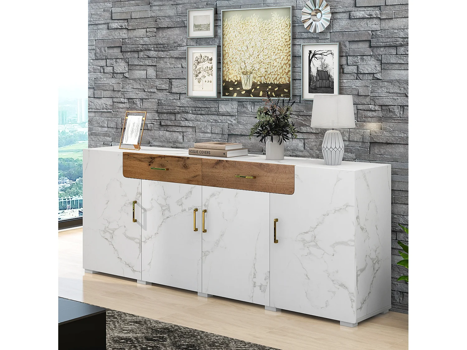 Buffet 208x39.5x80 cm, 4 portes et 2 tiroirs, grand rangement, panneaux de particules et PVC blanc