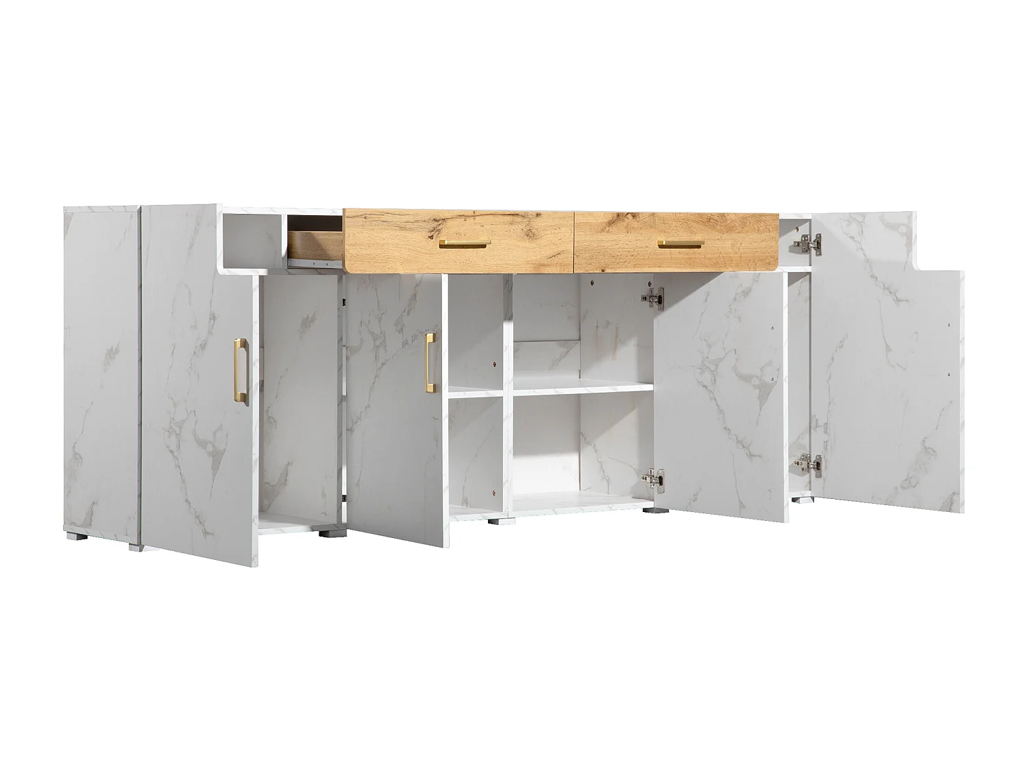 Buffet 208x39.5x80 cm, 4 portes et 2 tiroirs, grand rangement, panneaux de particules et PVC blanc