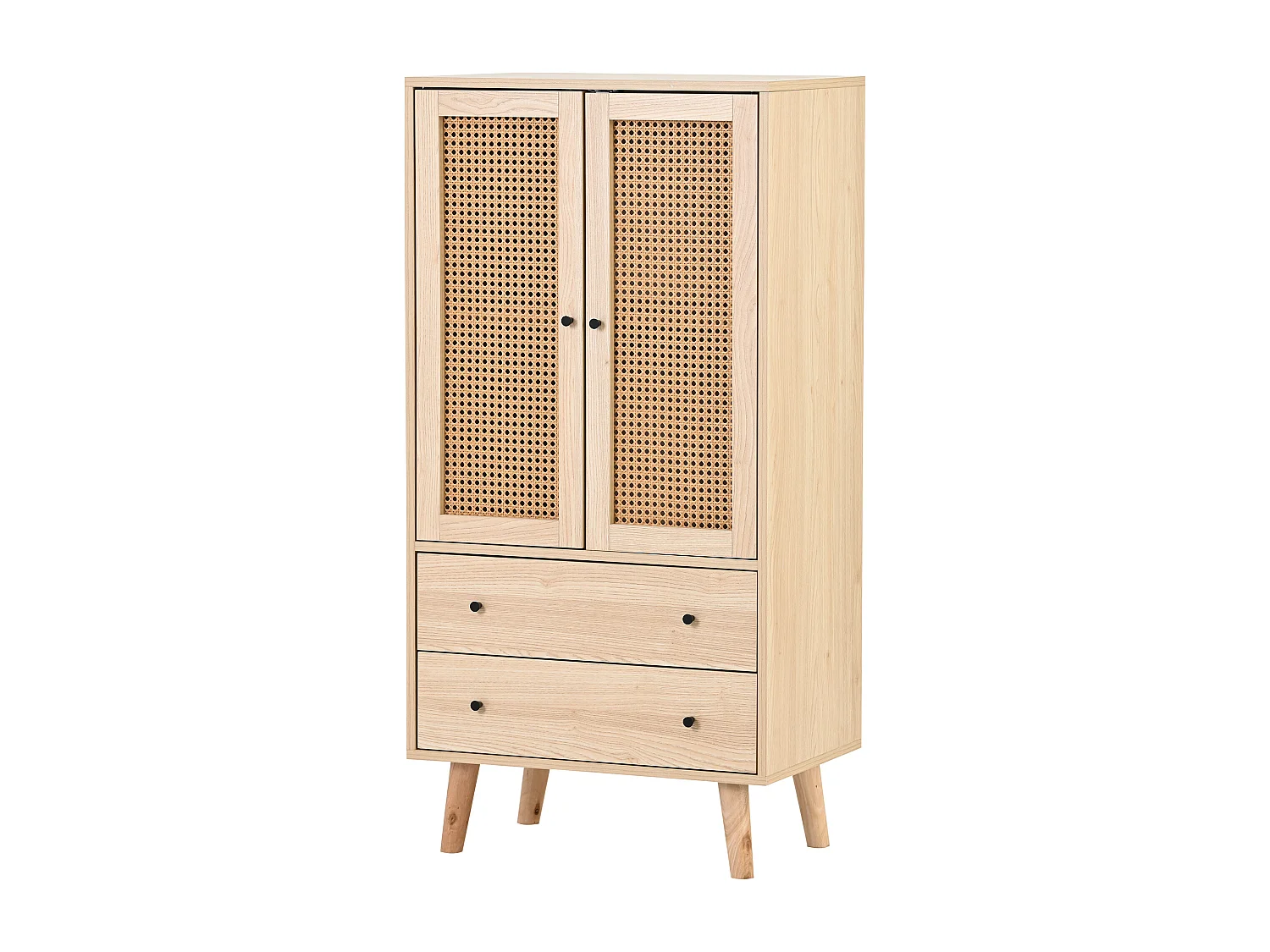 Buffet 60x40x120 cm avec 2 portes en rotin 2 tiroirs de rangement - pieds en bois - chêne
