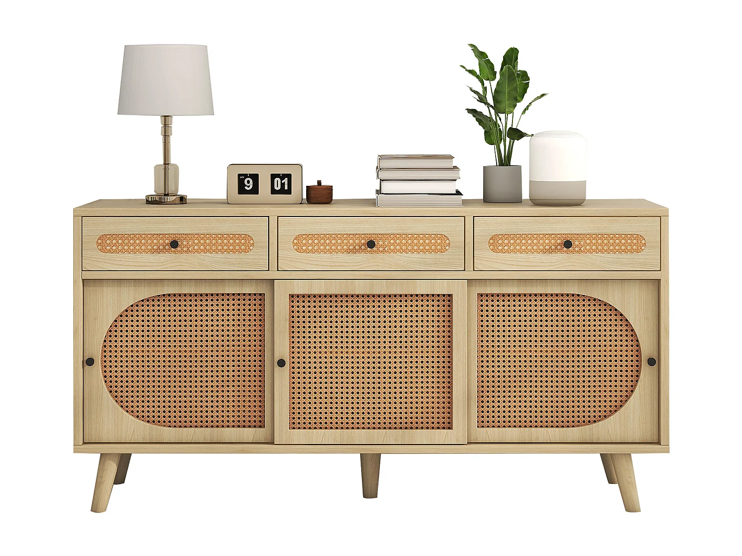 Buffet 140x40x78 cm 3 portes coulissantes en rotin 3 tiroirs - meuble de rangement en bois - chêne