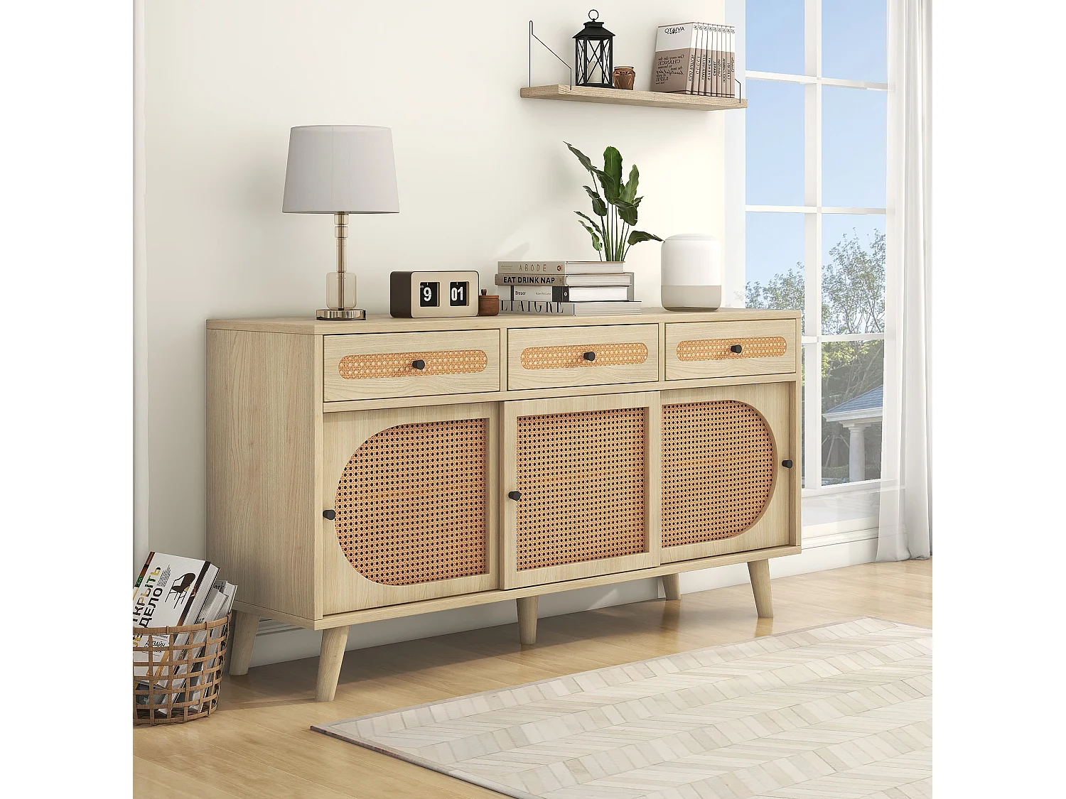 Buffet 140x40x78 cm 3 portes coulissantes en rotin 3 tiroirs - meuble de rangement en bois - chêne