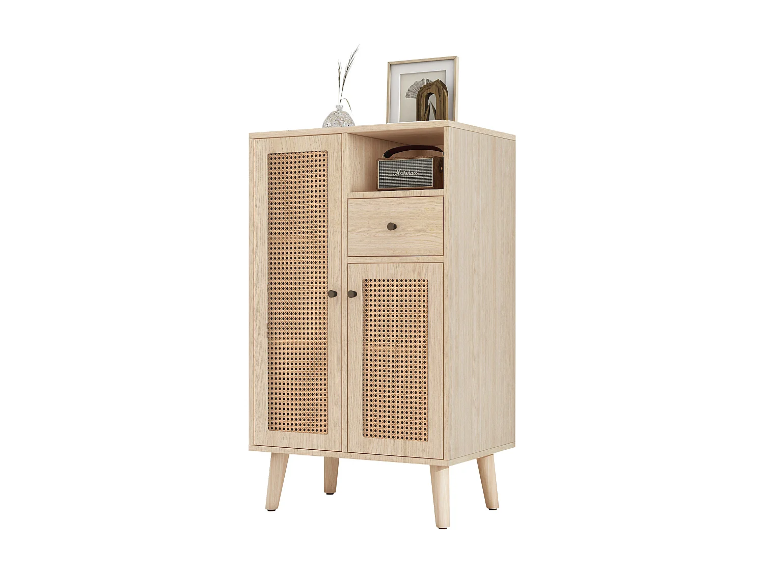 Buffet 60x40x101 cm, 2 portes en rotin et 1 tiroir, grand rangement, panneaux de particules, coloris chêne
