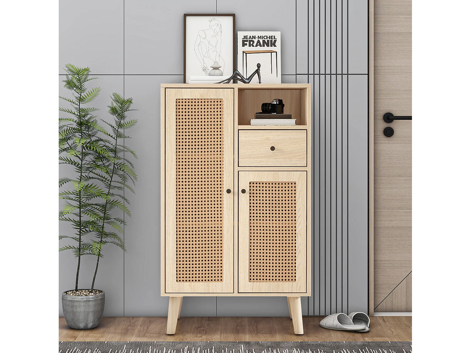 Buffet 60x40x101 cm, 2 portes en rotin et 1 tiroir, grand rangement, panneaux de particules, coloris chêne