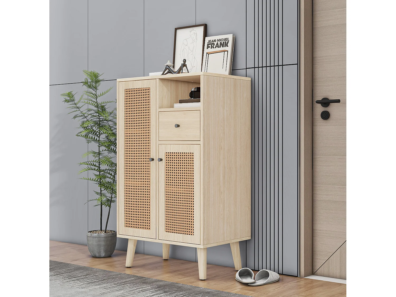Buffet 60x40x101 cm, 2 portes en rotin et 1 tiroir, grand rangement, panneaux de particules, coloris chêne