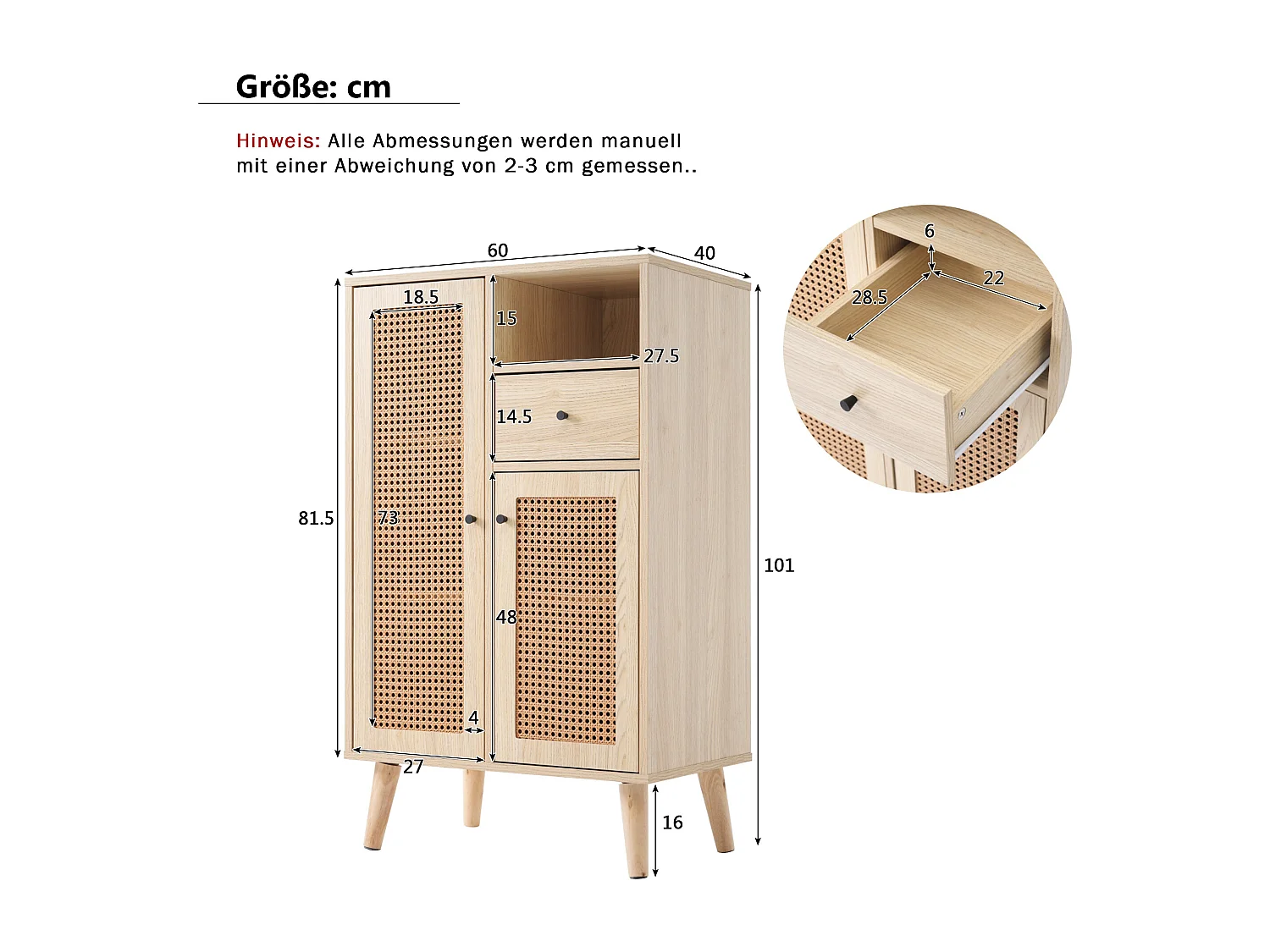 Buffet 60x40x101 cm, 2 portes en rotin et 1 tiroir, grand rangement, panneaux de particules, coloris chêne