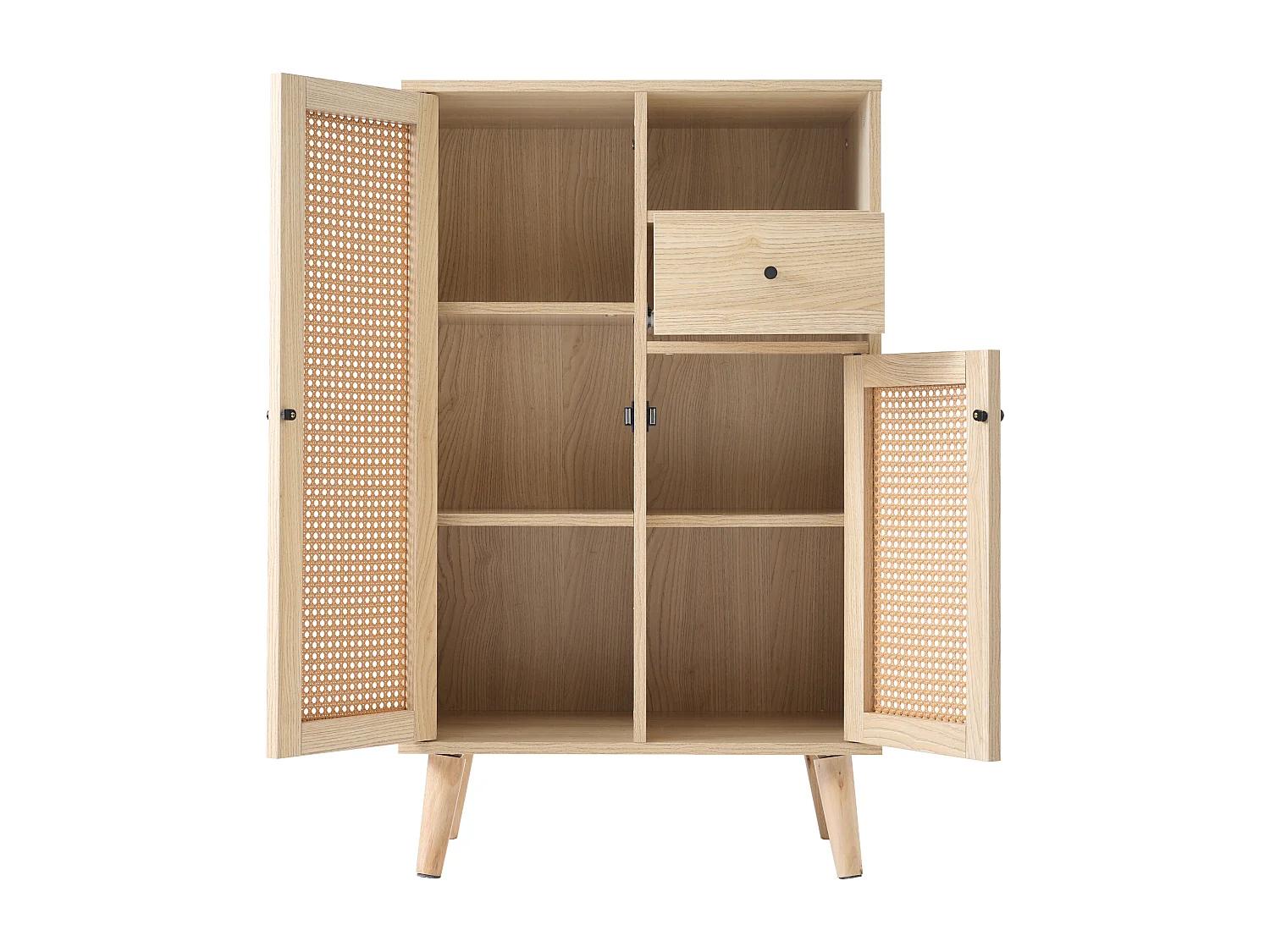 Buffet 60x40x101 cm, 2 portes en rotin et 1 tiroir, grand rangement, panneaux de particules, coloris chêne