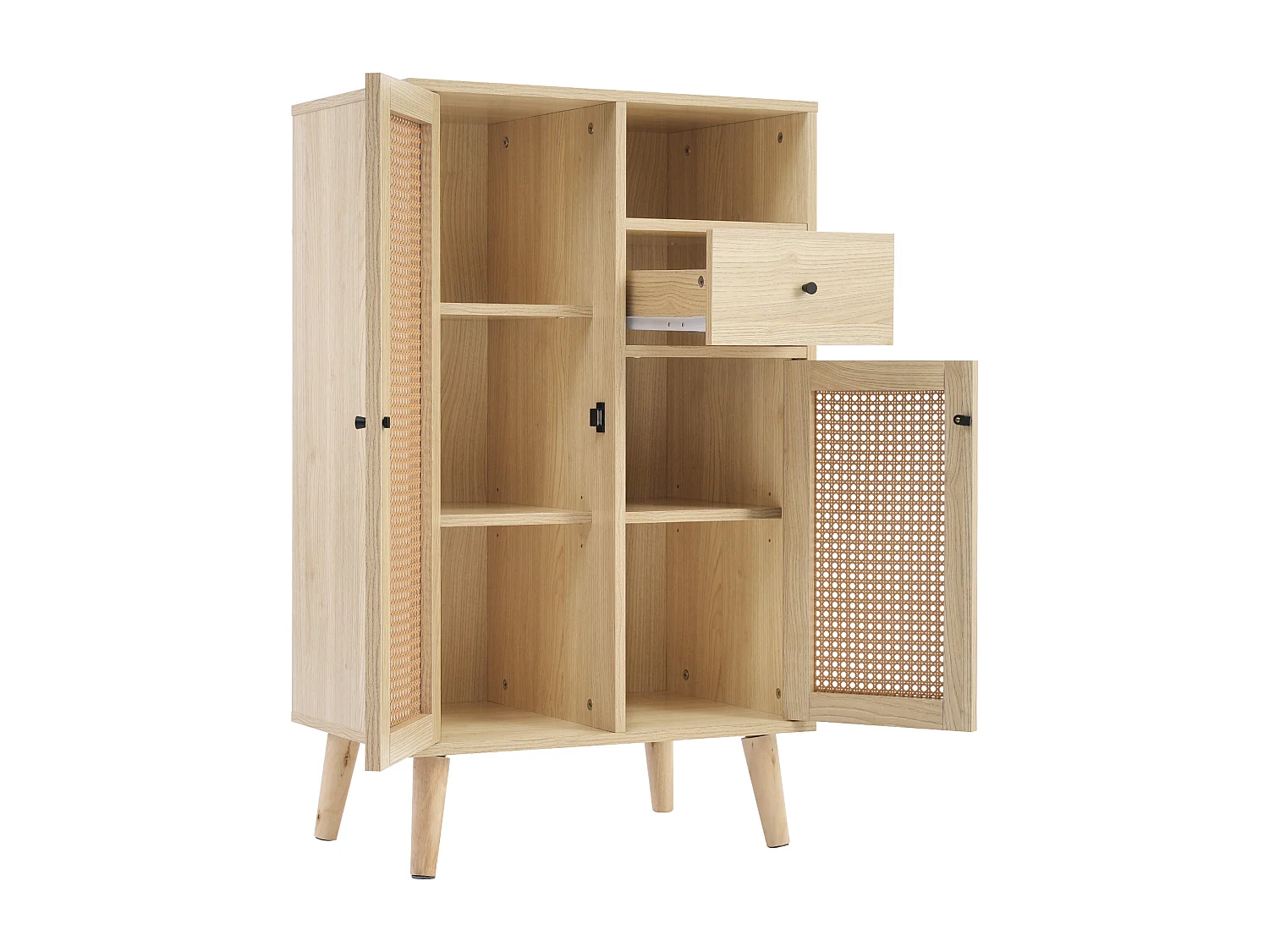 Buffet 60x40x101 cm, 2 portes en rotin et 1 tiroir, grand rangement, panneaux de particules, coloris chêne