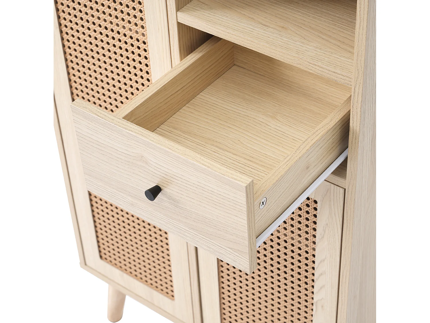Buffet 60x40x101 cm, 2 portes en rotin et 1 tiroir, grand rangement, panneaux de particules, coloris chêne