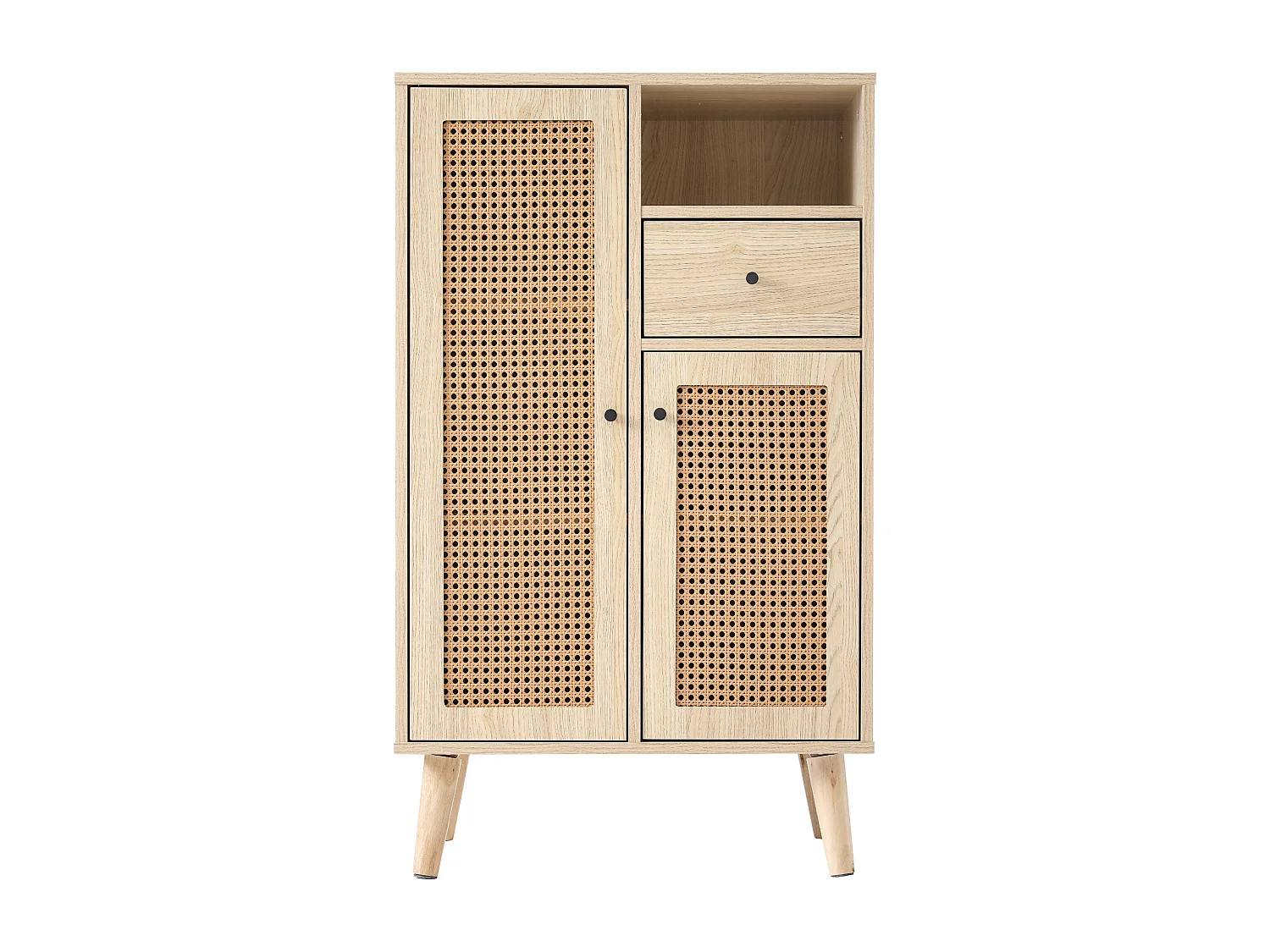 Buffet 60x40x101 cm, 2 portes en rotin et 1 tiroir, grand rangement, panneaux de particules, coloris chêne
