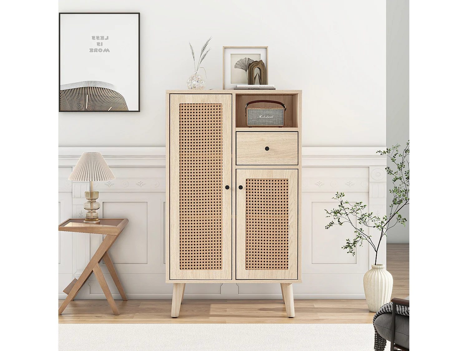 Buffet 60x40x101 cm, 2 portes en rotin et 1 tiroir, grand rangement, panneaux de particules, coloris chêne