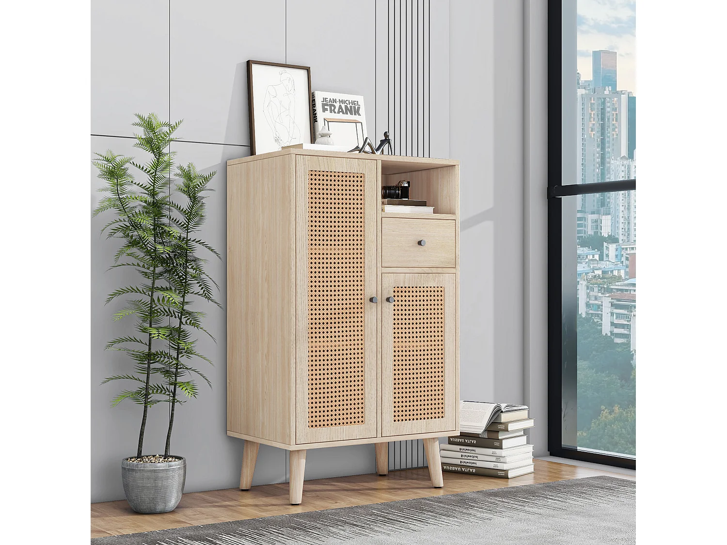 Buffet 60x40x101 cm, 2 portes en rotin et 1 tiroir, grand rangement, panneaux de particules, coloris chêne